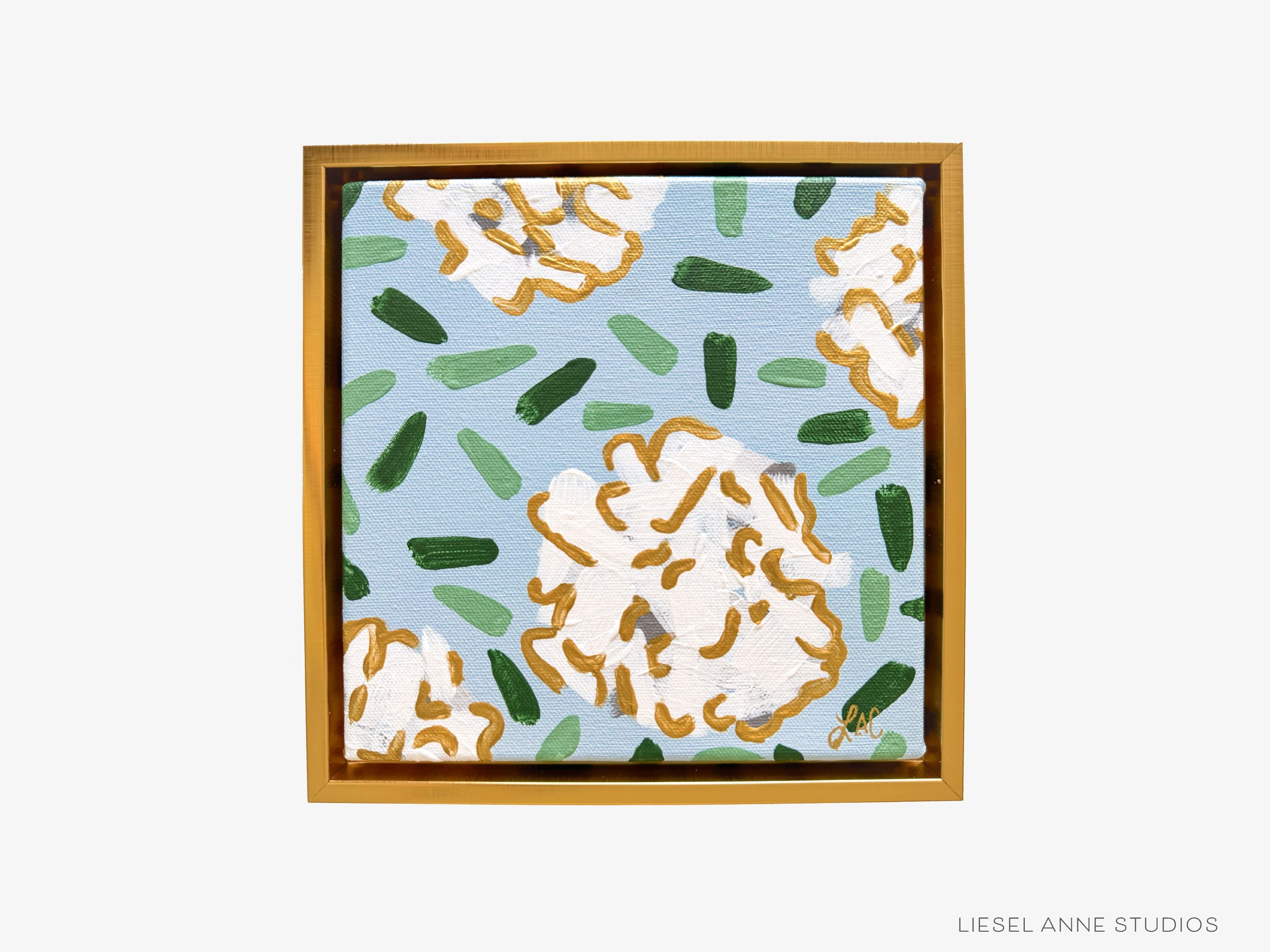 Golden Hydrangea | Blue & White XXVII-Original artwork measures 8"x8" | Framed in gold wood floater frame | Hand-Painted with gouache on stretched canvas | Features our signature Golden Hydrangea design with a light blue base, white hydrangeas and shimmery gold accents | Initialed in gold by the Liesel Anne (the artist) on the front and signed and dated on the back-The Singing Little Bird