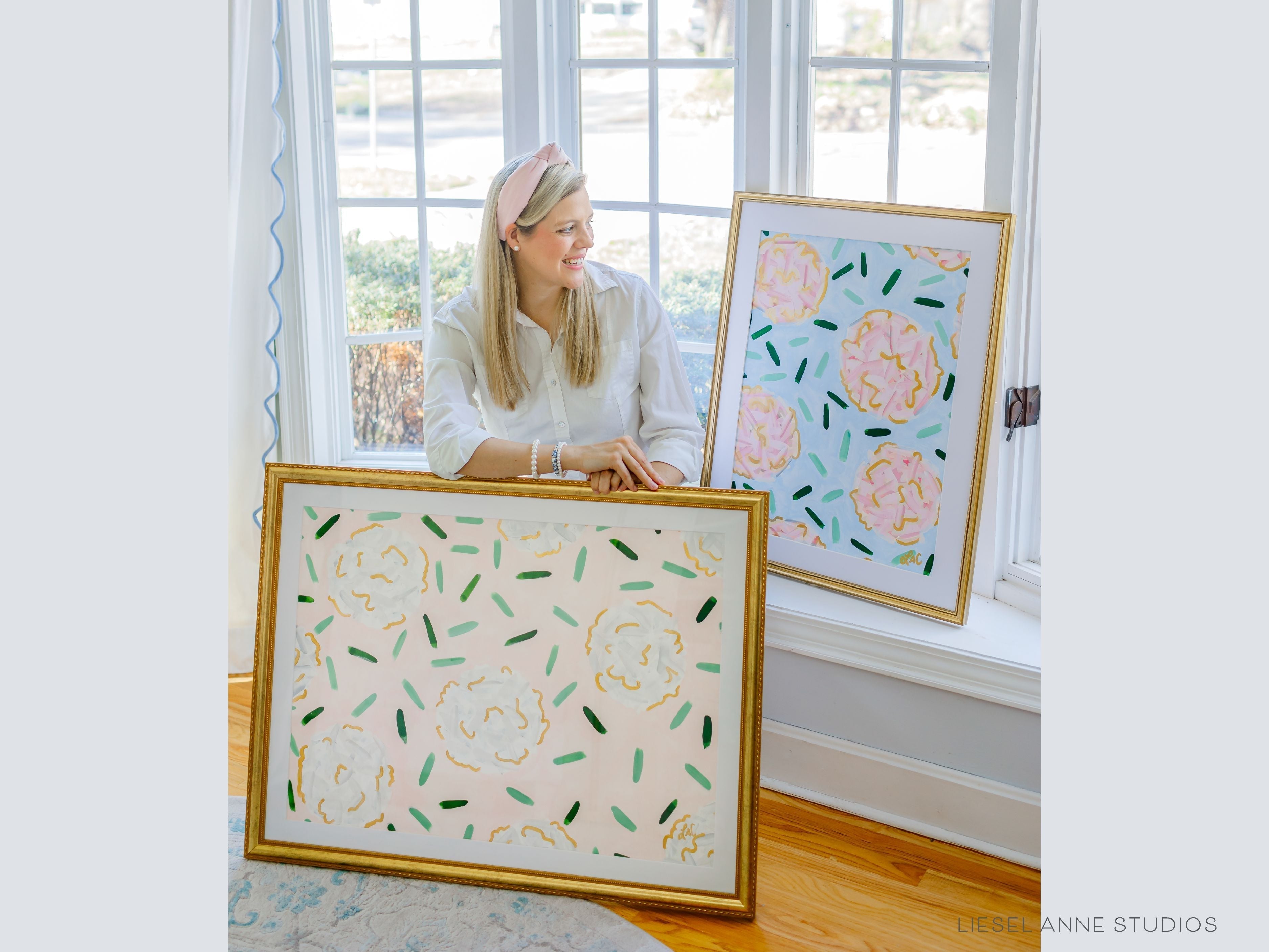 Golden Hydrangea | Blush & White IV-Original artwork measures 22"x30"" | Hand-Painted with gouache on cold press watercolor paper | Matted and framed in gold wood frame sized 27 1/4" x 35 1/4" | UV shielding acrylic glass | Hanging hardware included | Features our signature Golden Hydrangea design with a pale pink base, white hydrangeas and shimmery gold accents | Initialed in gold by the Liesel Anne (the artist) on the front and signed and dated on the back.-The Singing Little Bird