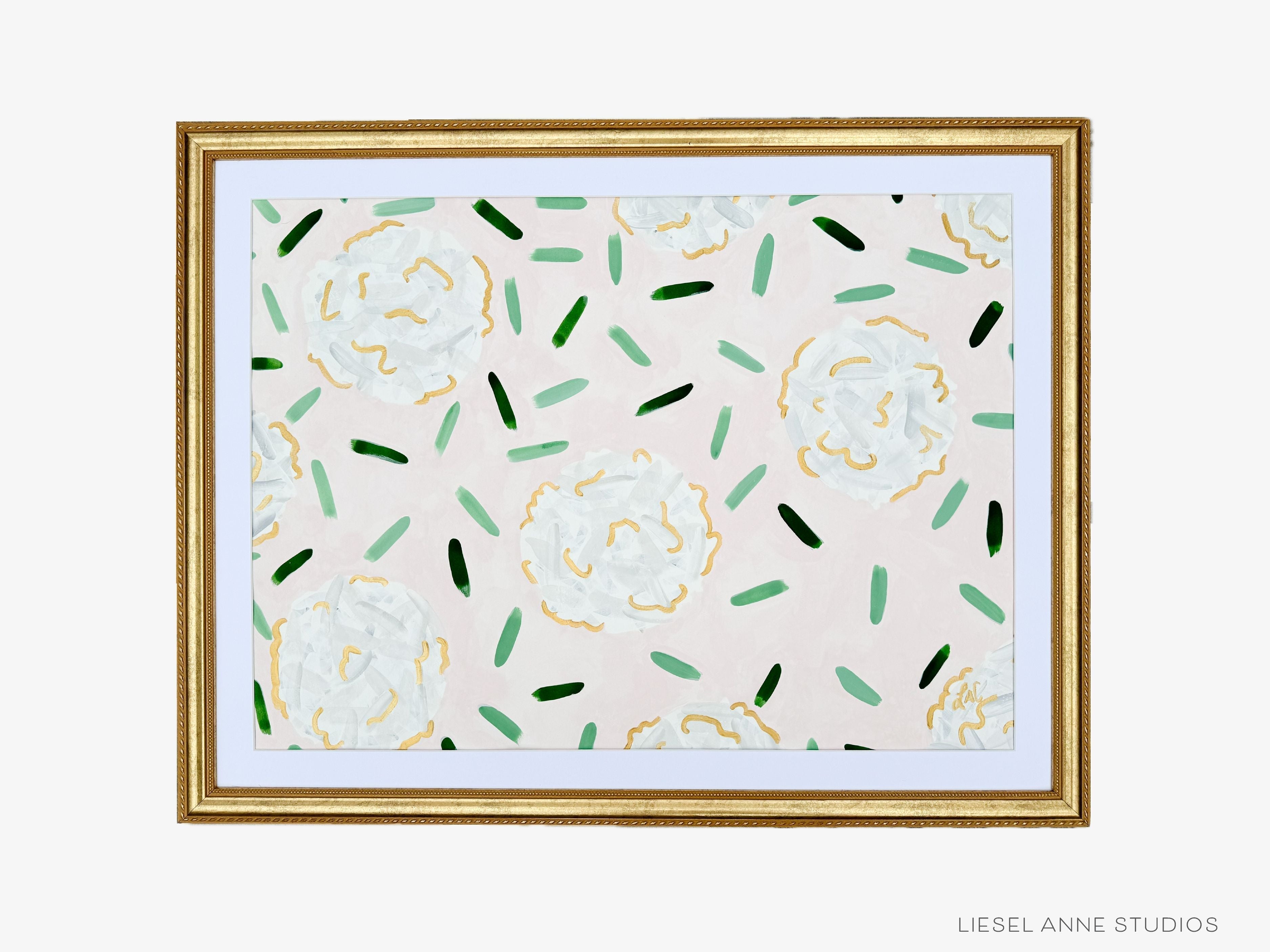 Golden Hydrangea | Blush & White IV-Original artwork measures 22"x30"" | Hand-Painted with gouache on cold press watercolor paper | Matted and framed in gold wood frame sized 27 1/4" x 35 1/4" | UV shielding acrylic glass | Hanging hardware included | Features our signature Golden Hydrangea design with a pale pink base, white hydrangeas and shimmery gold accents | Initialed in gold by the Liesel Anne (the artist) on the front and signed and dated on the back.-The Singing Little Bird