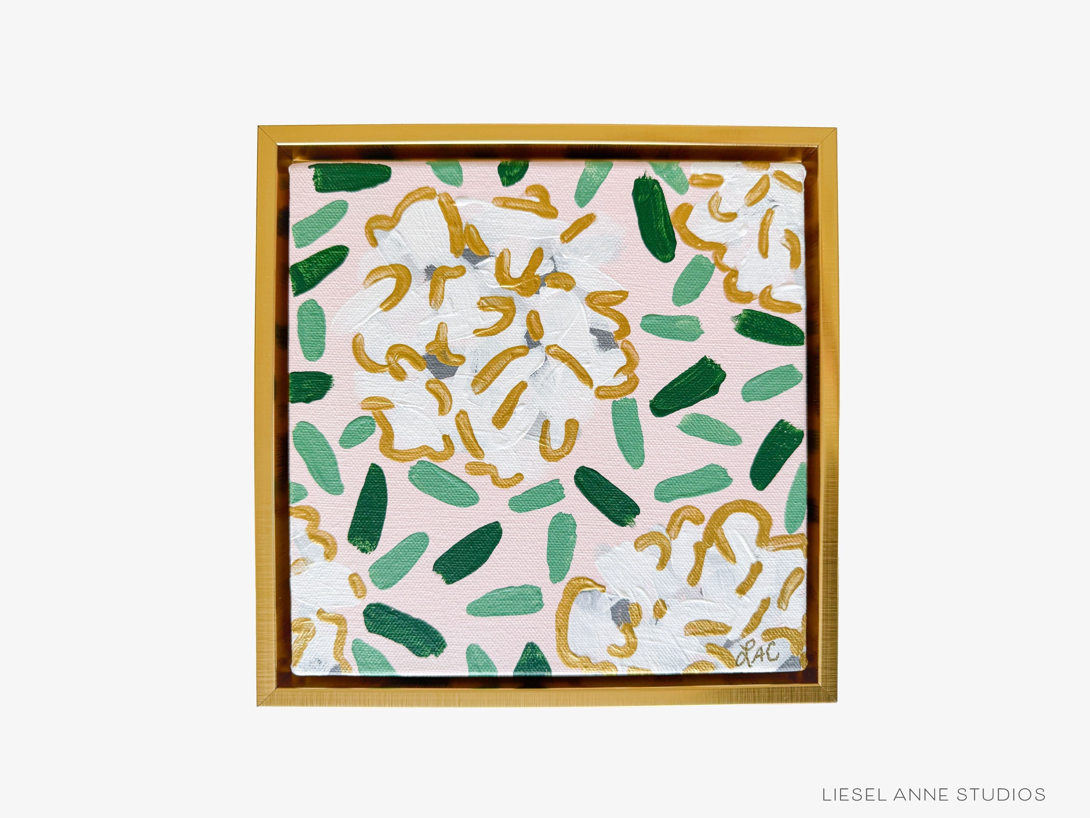 Golden Hydrangea | Blush & White XXVIII-Original artwork measures 8"x8" | Framed in gold wood floater frame | Hand-Painted with gouache on stretched canvas | Features our signature Golden Hydrangea design with a light pink base, white hydrangeas and shimmery gold accents | Initialed in gold by the Liesel Anne (the artist) on the front and signed and dated on the back-The Singing Little Bird