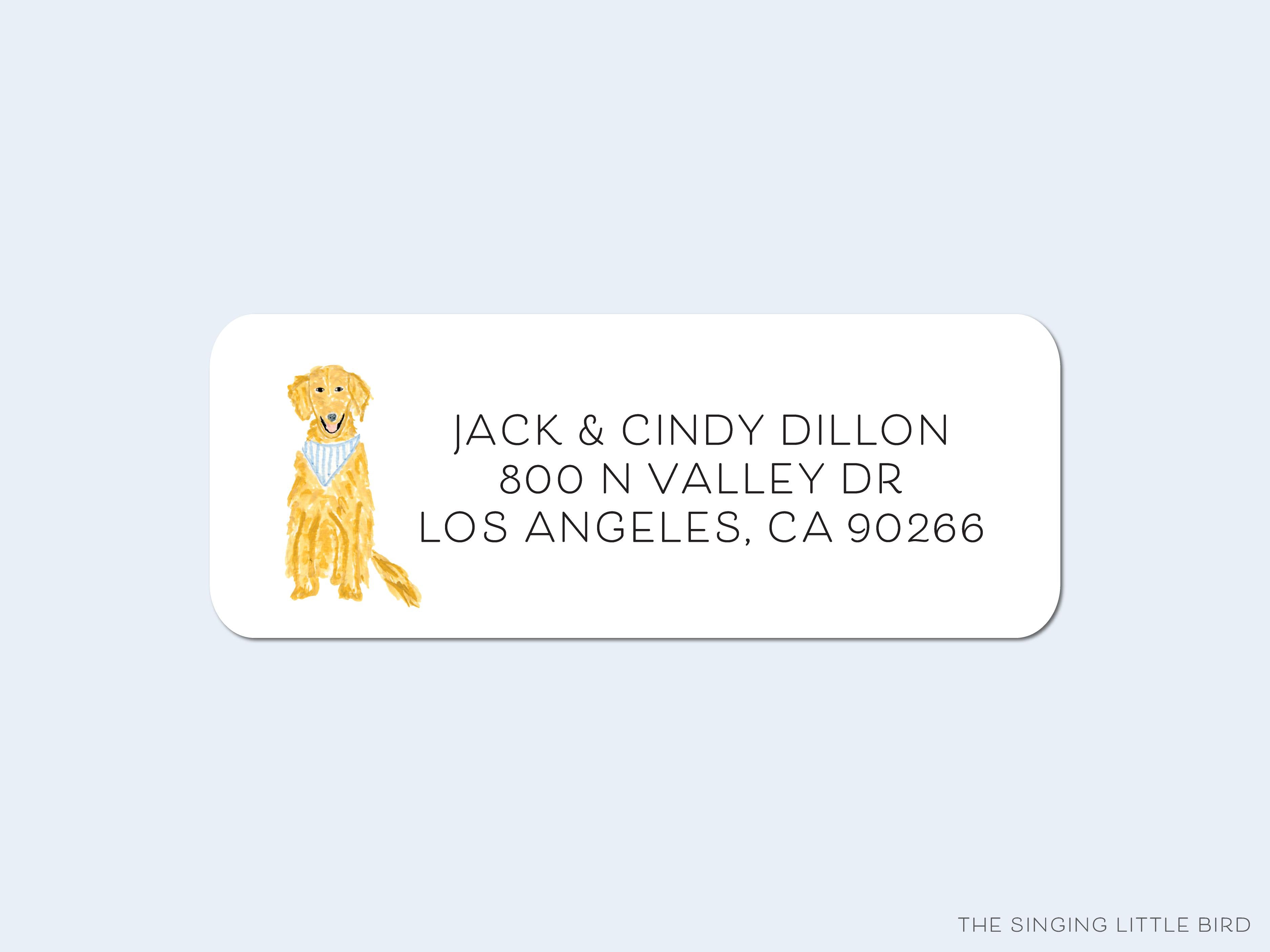 Golden Retriever Return Address Labels-These personalized return address labels are 2.625" x 1" and feature our hand-painted watercolor golden retriever, printed in the USA on beautiful matte finish labels. These make great gifts for yourself or the animal lover.-The Singing Little Bird