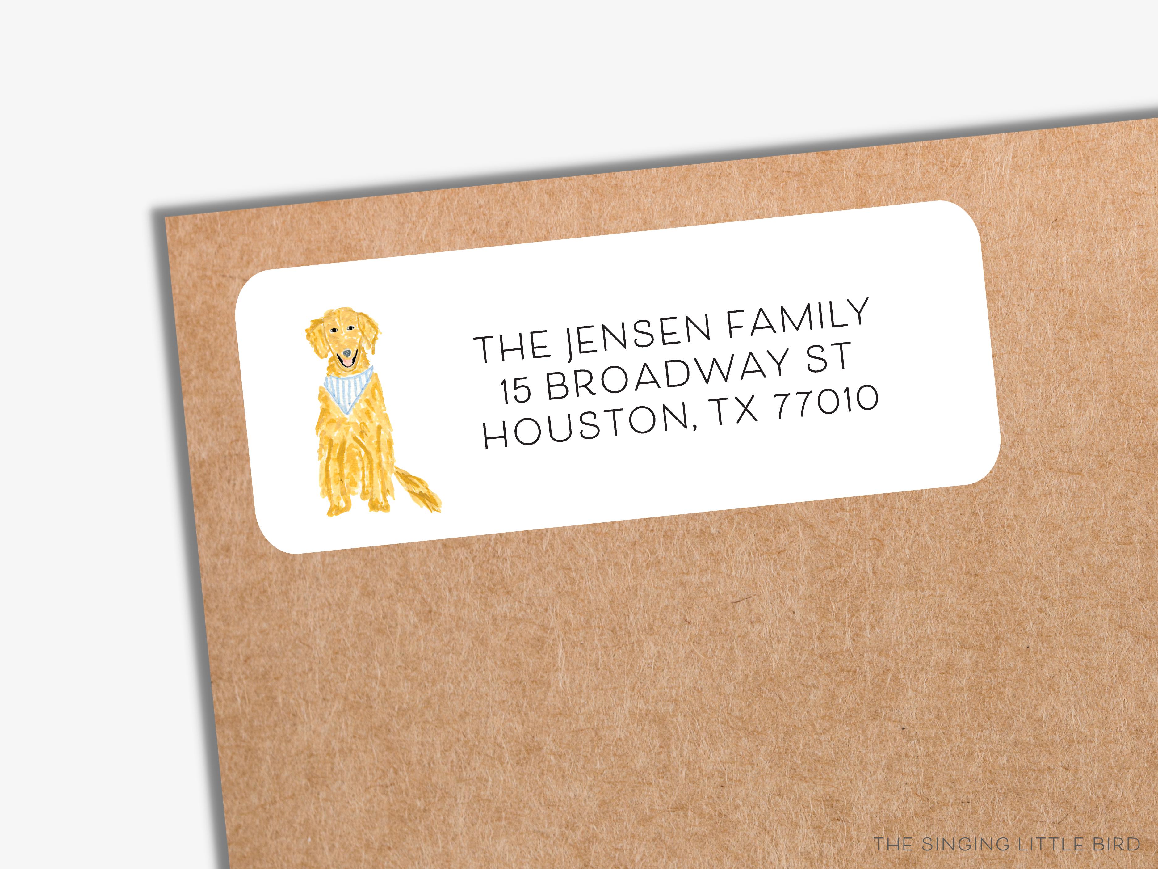 Golden Retriever Return Address Labels-These personalized return address labels are 2.625" x 1" and feature our hand-painted watercolor golden retriever, printed in the USA on beautiful matte finish labels. These make great gifts for yourself or the animal lover.-The Singing Little Bird