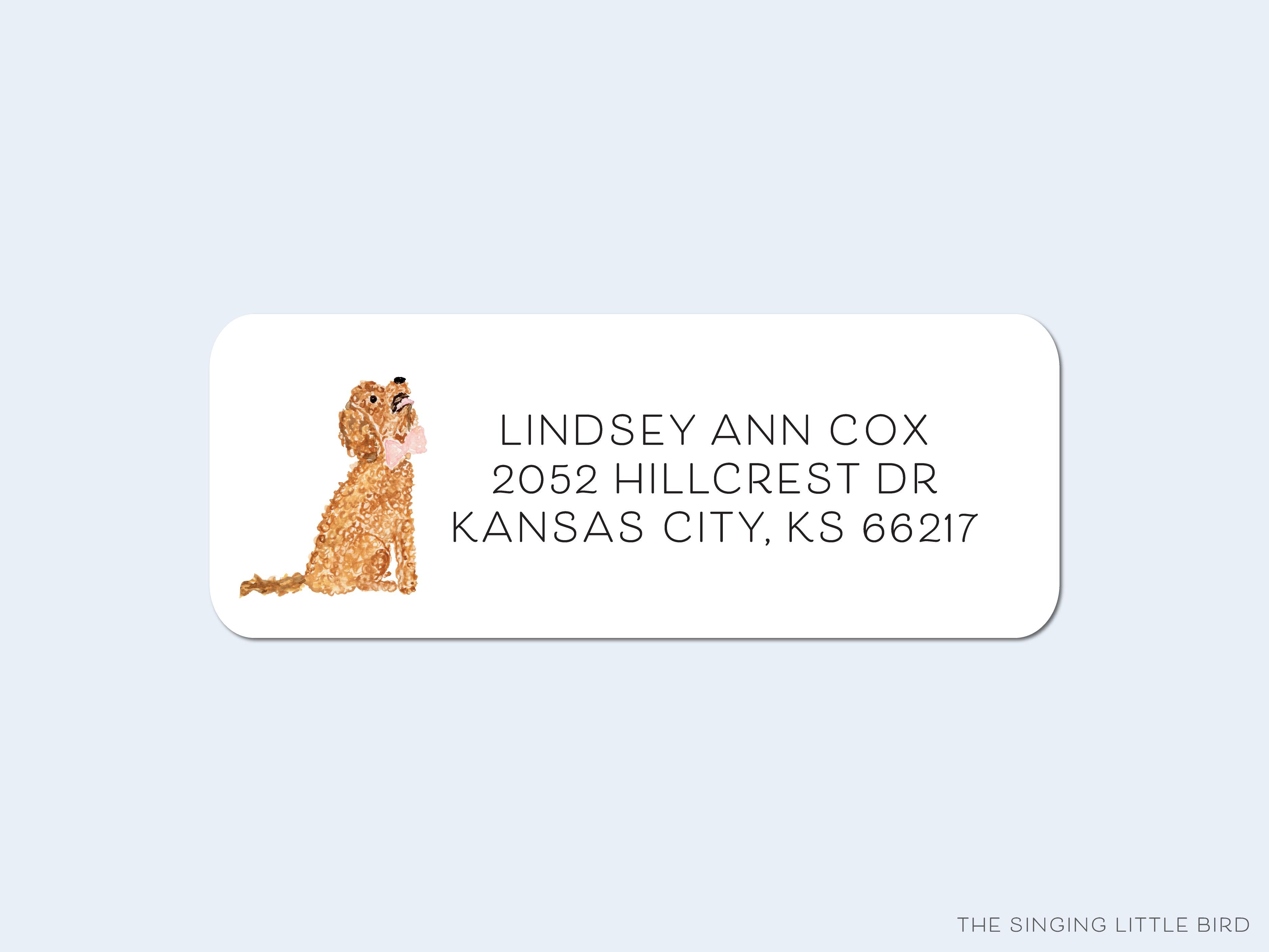 Goldendoodle Return Address Labels-These personalized return address labels are 2.625" x 1" and feature our hand-painted watercolor goldendoodle, printed in the USA on beautiful matte finish labels. These make great gifts for yourself or the animal lover.-The Singing Little Bird