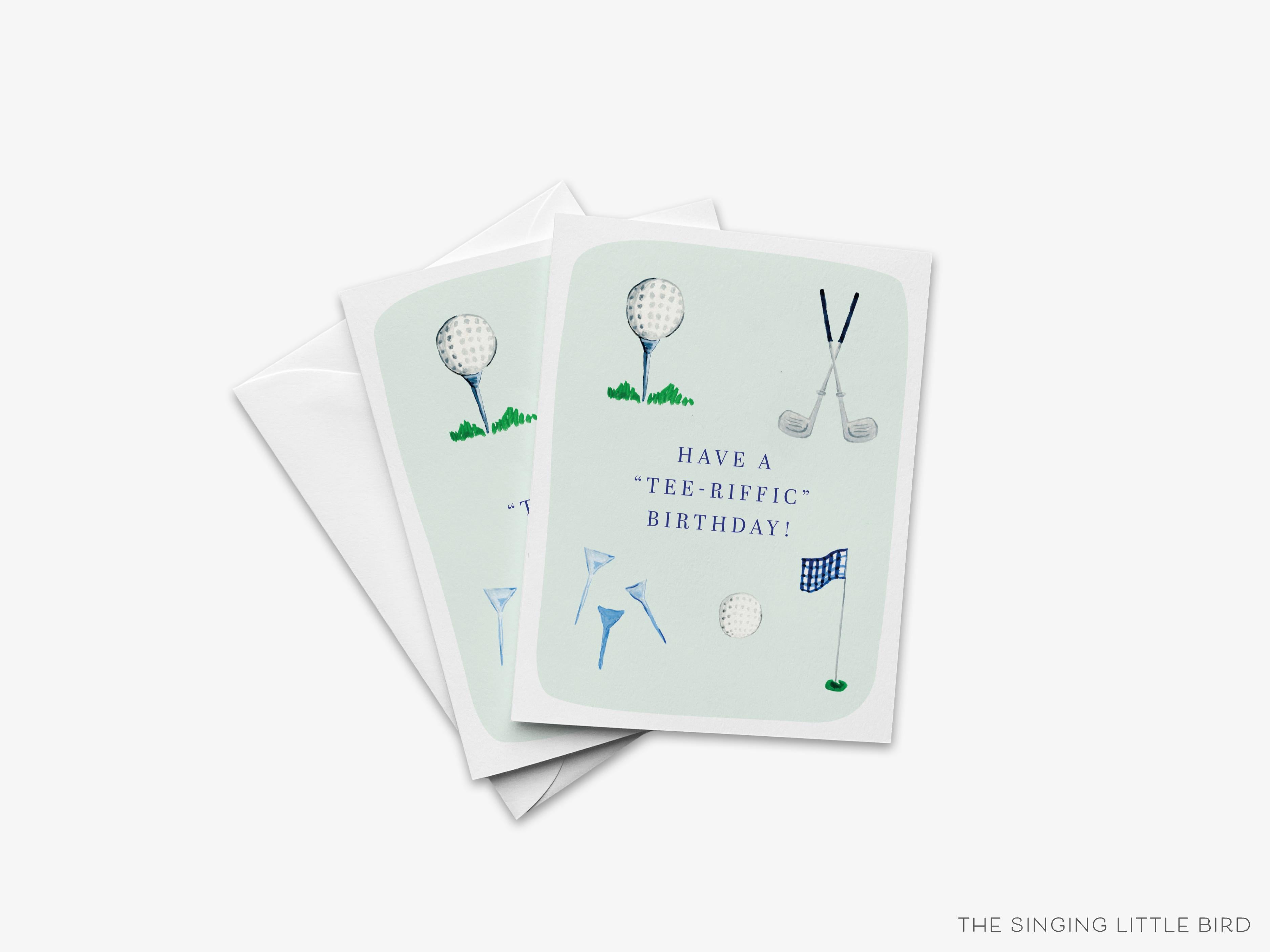 Golf Pun Birthday Card-These folded greeting cards are 4.25x5.5 and feature our hand-painted golf clubs, golf tees, and ball, printed in the USA on 100lb textured stock. They come with a White envelope and make a great birthday card for the golf lover in your life.-The Singing Little Bird
