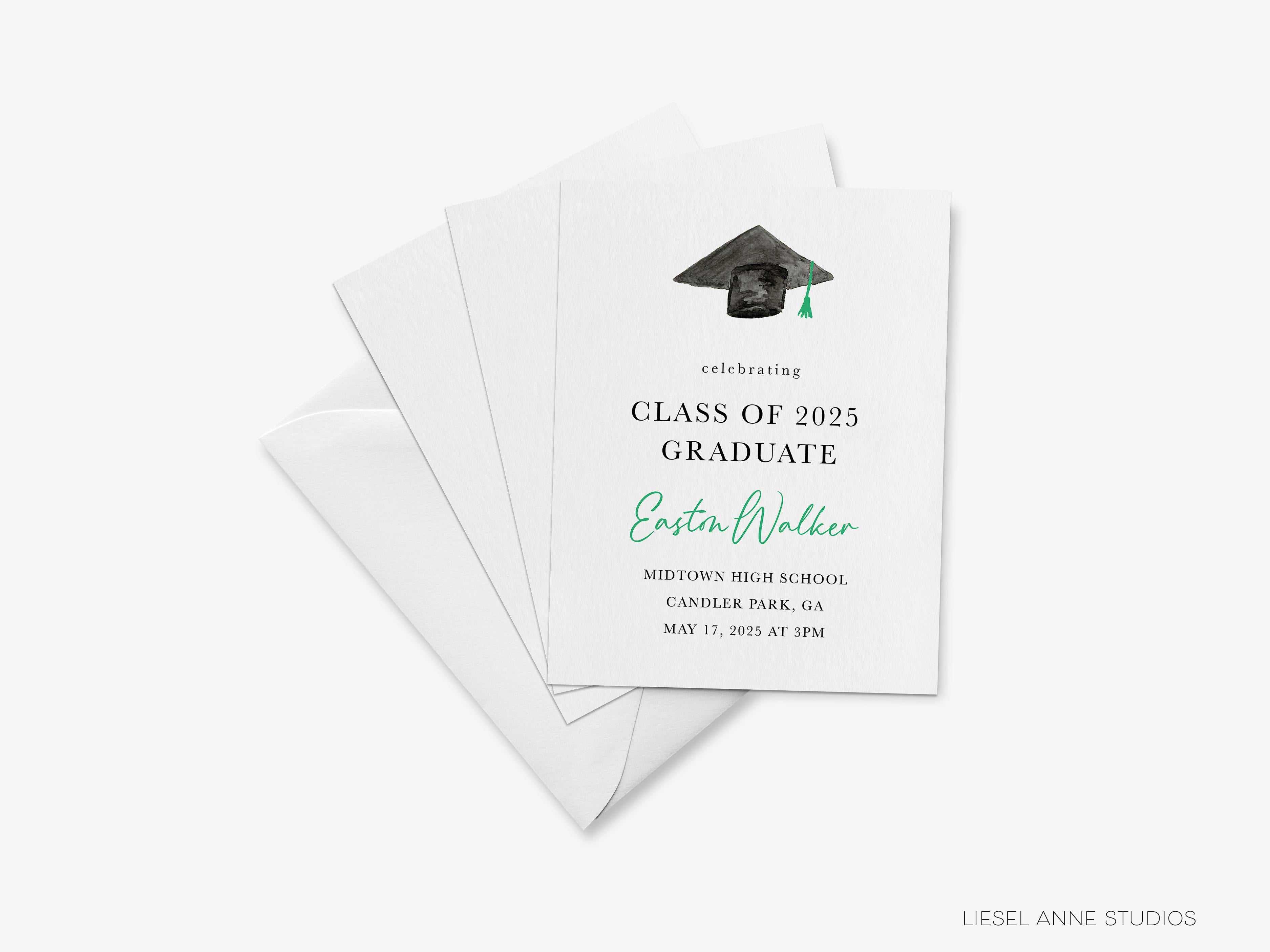 Graduation Cap Announcements-These personalized flat graduation announcements are 4.25x5.5 and feature our hand-painted watercolor mortar board, printed in the USA on 120lb textured stock. They come with your choice of envelopes and make great grad invitations for friends and family.-The Singing Little Bird