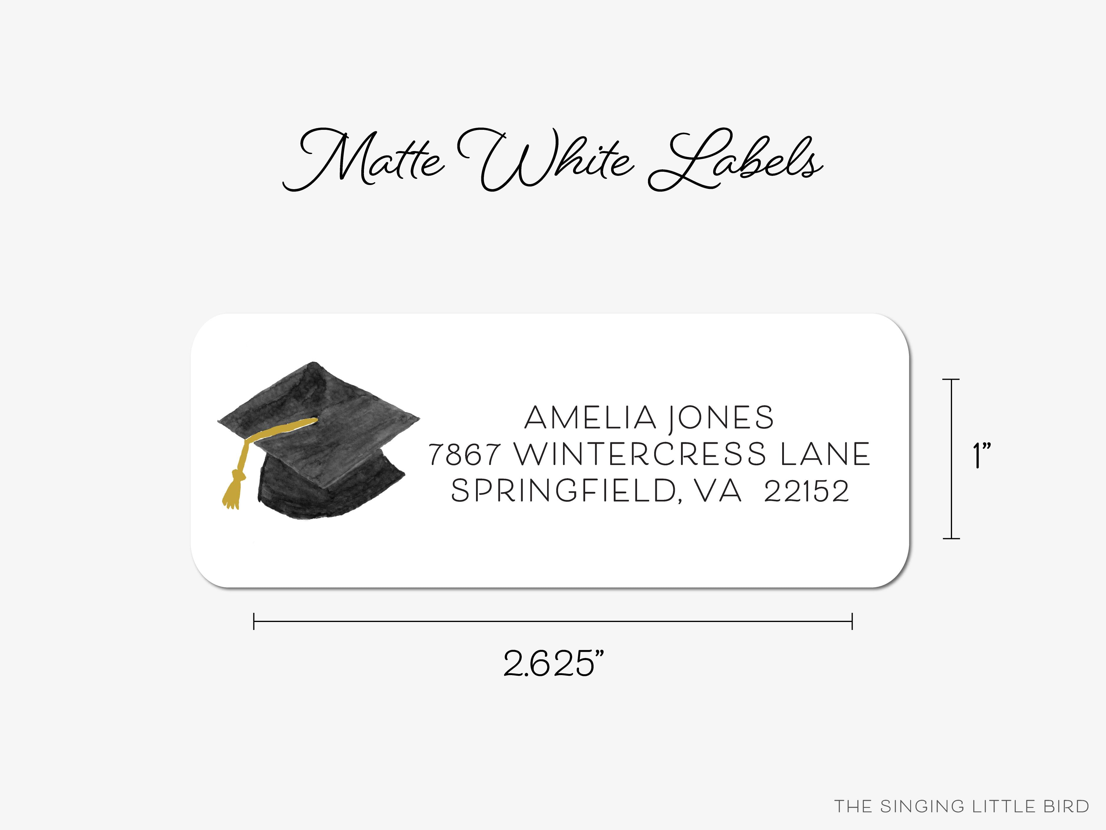 Graduation Cap Return Address Labels-These personalized return address labels are 2.625" x 1" and feature our hand-painted watercolor Graduation Cap, printed in the USA on beautiful matte finish labels. These make great gifts for yourself or the graduate in your life.-The Singing Little Bird