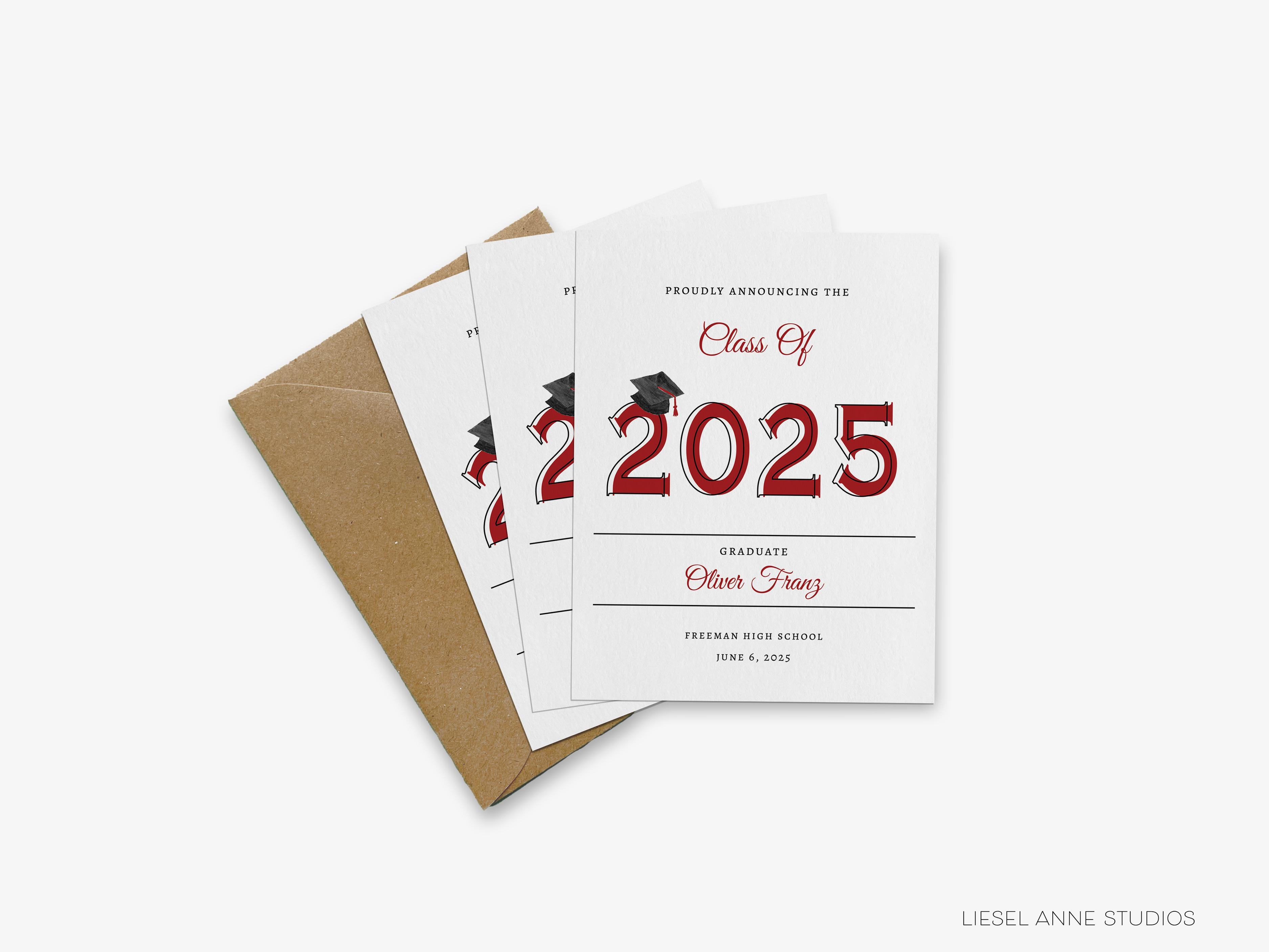 Graduation Class of 2025 Announcements-These personalized flat graduation announcements are 4.25x5.5 and feature our hand-painted watercolor mortarboard, printed in the USA on 120lb textured stock. They come with your choice of envelopes and make great grad announcement for this year's graduate.-The Singing Little Bird