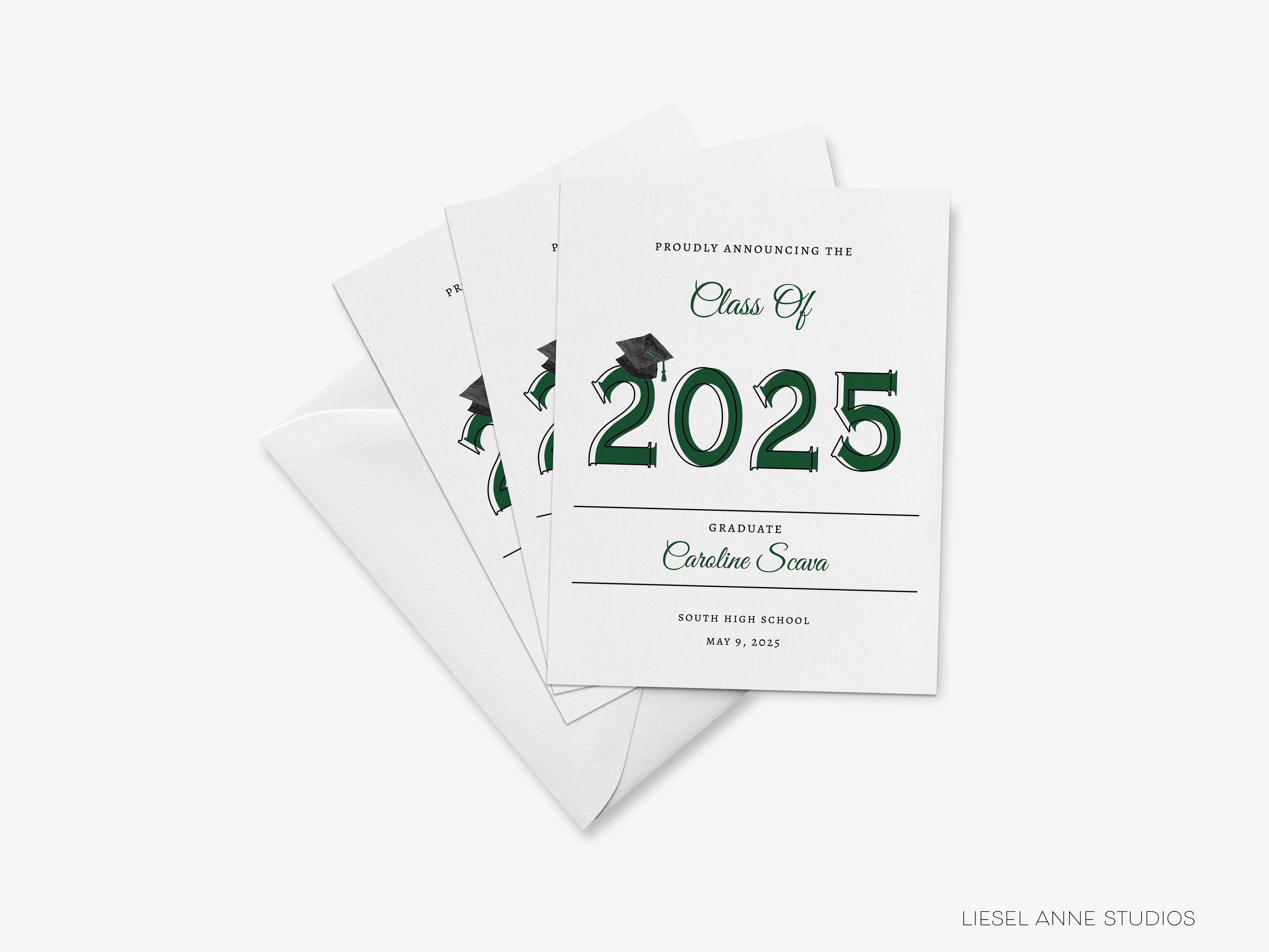 Graduation Class of 2025 Announcements-These personalized flat graduation announcements are 4.25x5.5 and feature our hand-painted watercolor mortarboard, printed in the USA on 120lb textured stock. They come with your choice of envelopes and make great grad announcement for this year's graduate.-The Singing Little Bird