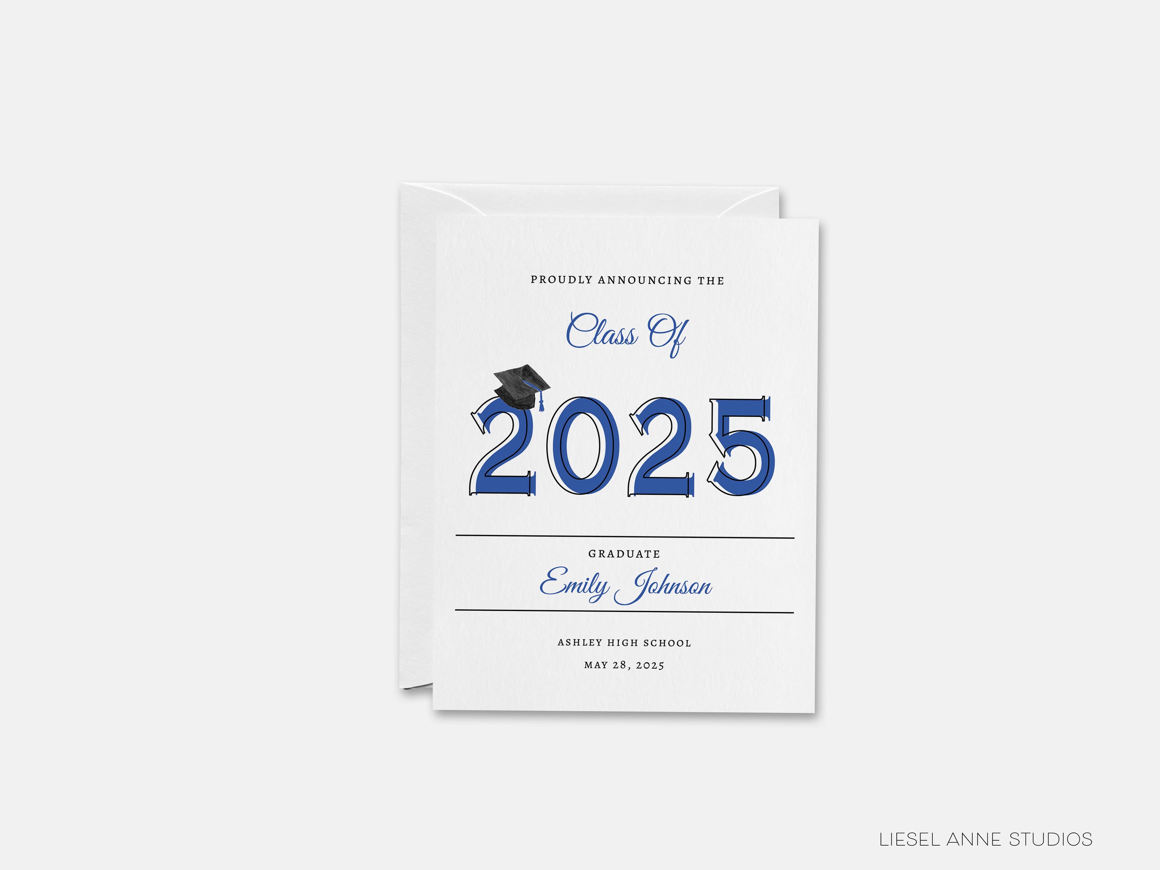 Graduation Class of 2025 Announcements-These personalized flat graduation announcements are 4.25x5.5 and feature our hand-painted watercolor mortarboard, printed in the USA on 120lb textured stock. They come with your choice of envelopes and make great grad announcement for this year's graduate.-The Singing Little Bird