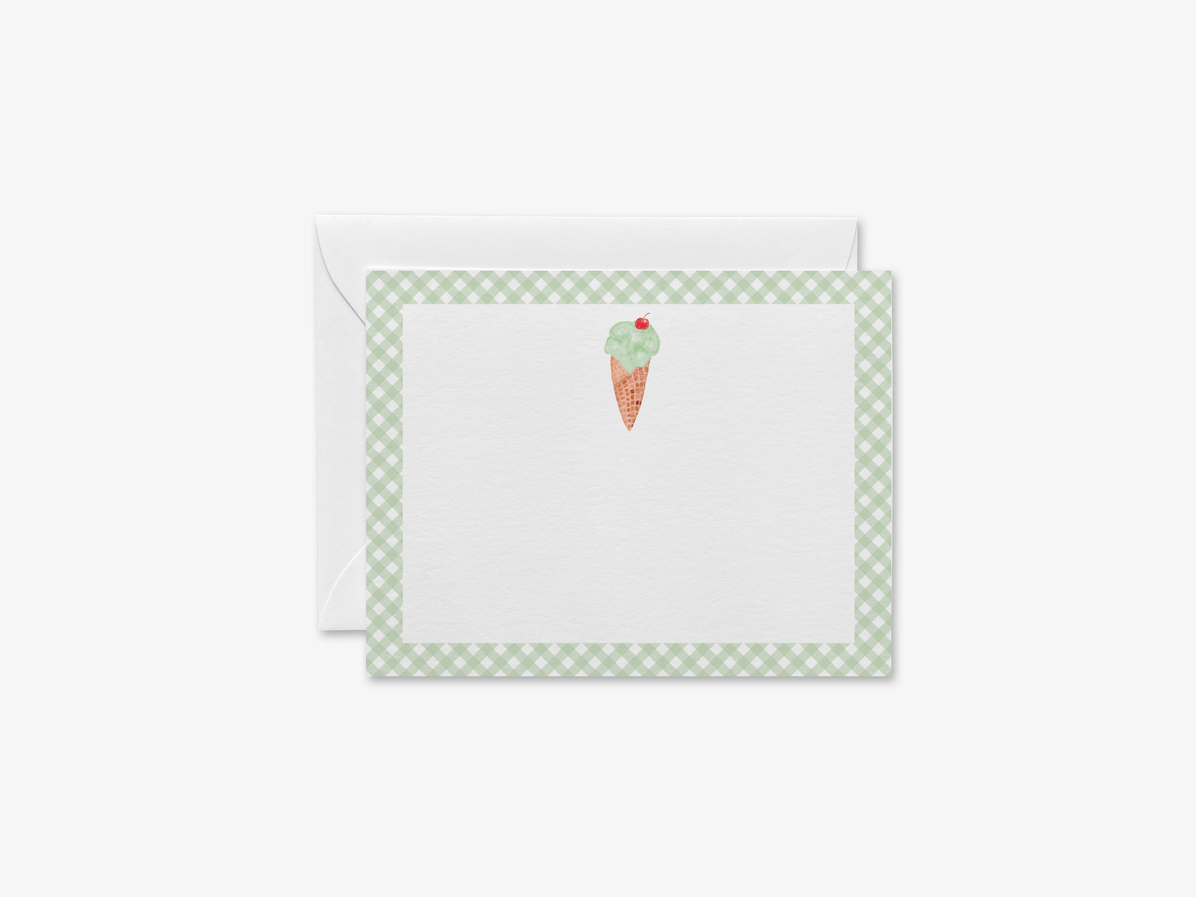 Green Ice Cream Cone Flat Notes-These personalized flat notecards are 4.25x5.5 and feature our hand-painted watercolor Green Ice Cream Cone, printed in the USA on 120lb textured stock. They come with your choice of envelopes and make great thank yous and gifts for the ice cream lover in your life.-The Singing Little Bird