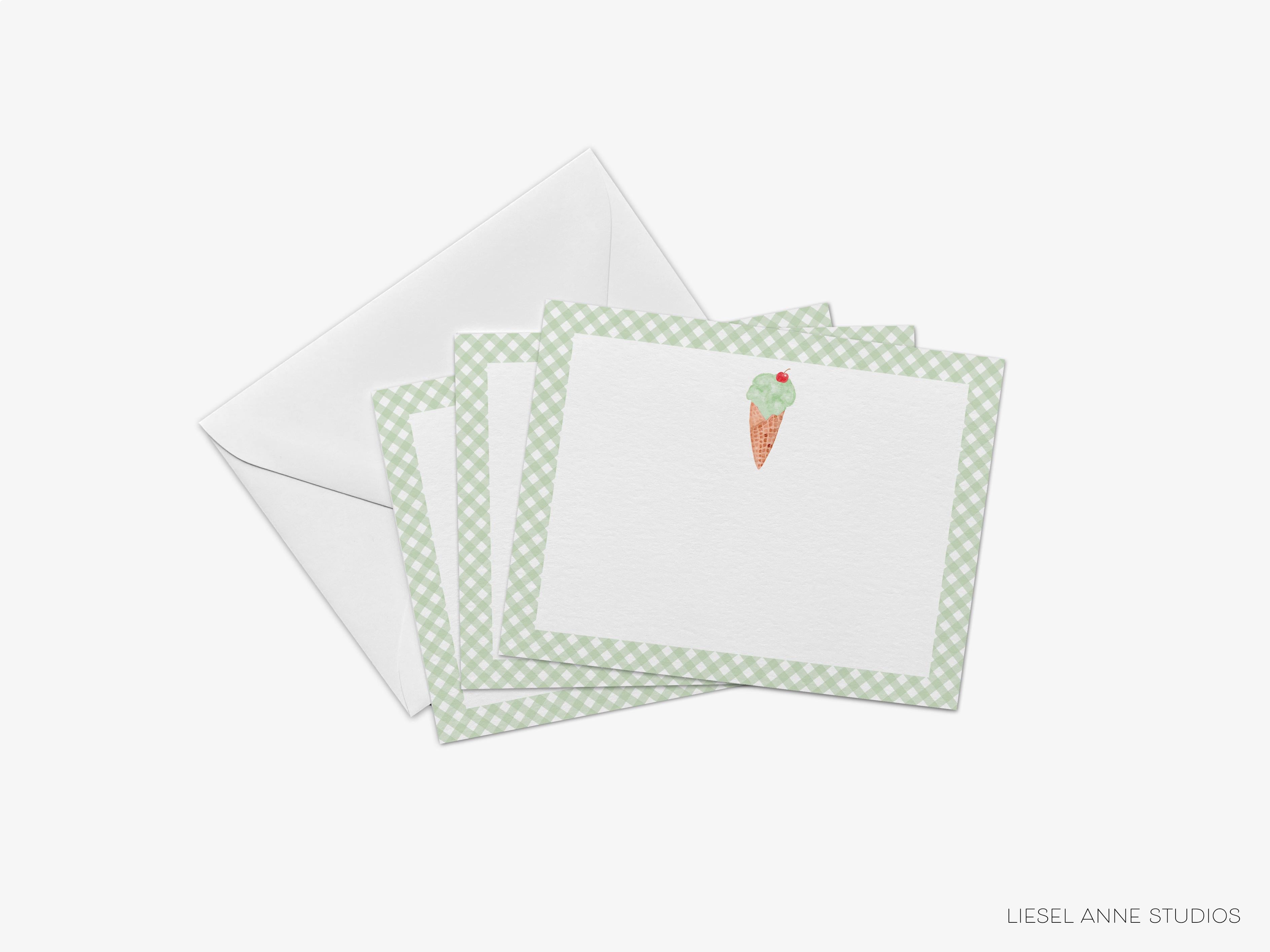 Green Ice Cream Cone Flat Notes-These personalized flat notecards are 4.25x5.5 and feature our hand-painted watercolor Green Ice Cream Cone, printed in the USA on 120lb textured stock. They come with your choice of envelopes and make great thank yous and gifts for the ice cream lover in your life.-The Singing Little Bird