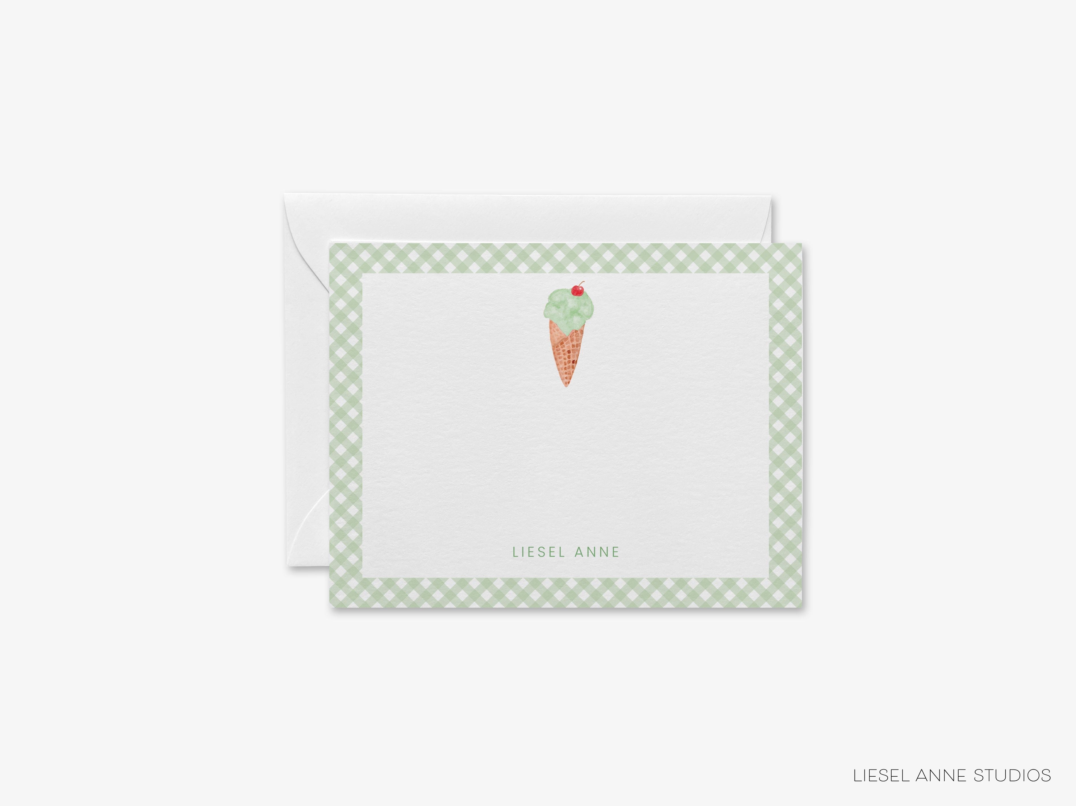 Green Ice Cream Cone Flat Notes-These personalized flat notecards are 4.25x5.5 and feature our hand-painted watercolor Green Ice Cream Cone, printed in the USA on 120lb textured stock. They come with your choice of envelopes and make great thank yous and gifts for the ice cream lover in your life.-The Singing Little Bird