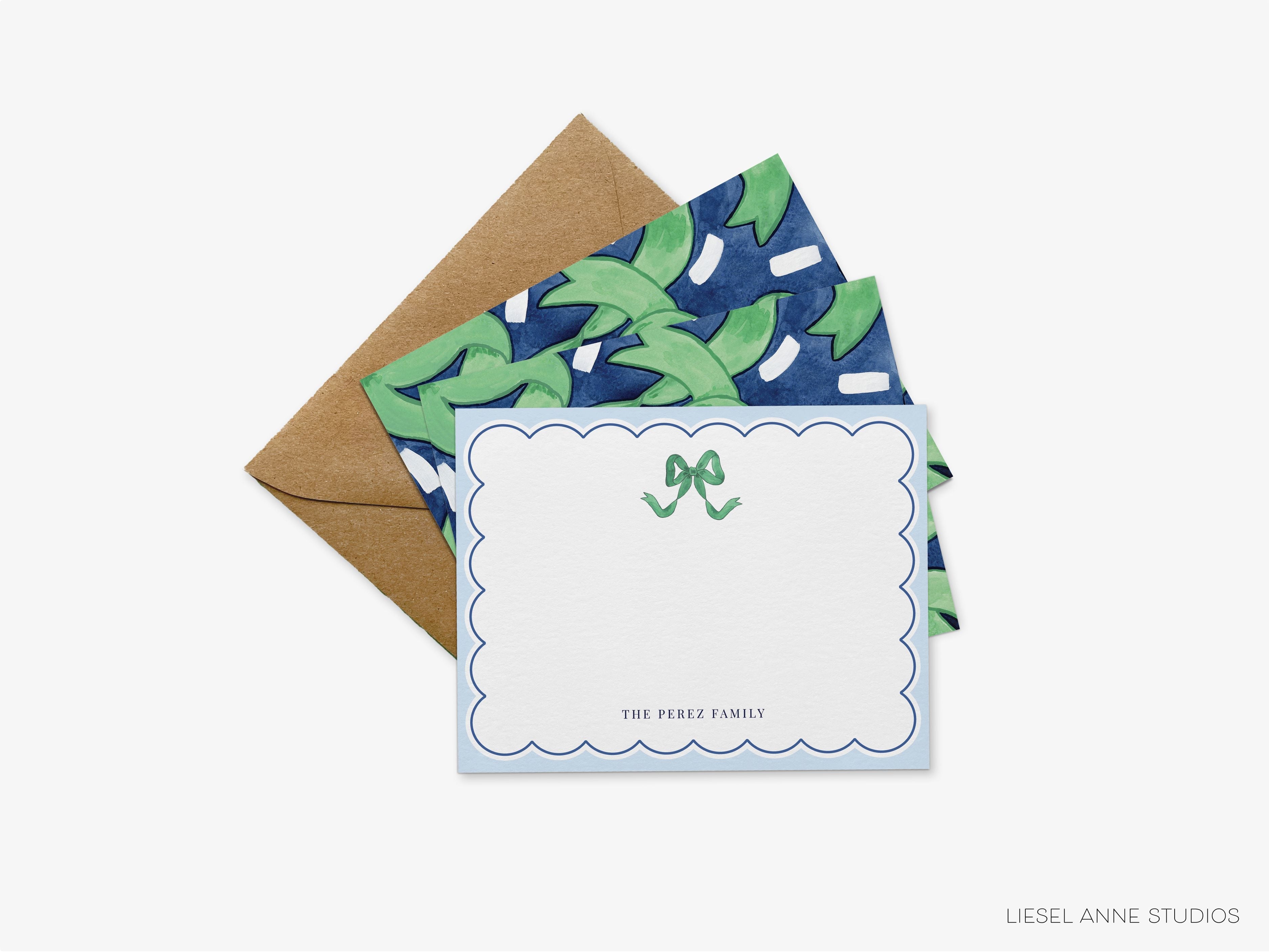 Green and Blue Bow Flat Notes-These personalized flat notecards are 4.25x5.5 and feature our hand-painted watercolor green bow, and on the back of this stationery features our signature golden bow design on a navy base with whimsical green bows and white confetti, printed in the USA on 120lb textured stock. They come with your choice of envelopes and make great thank yous and gifts for the bow lover in your life.-The Singing Little Bird