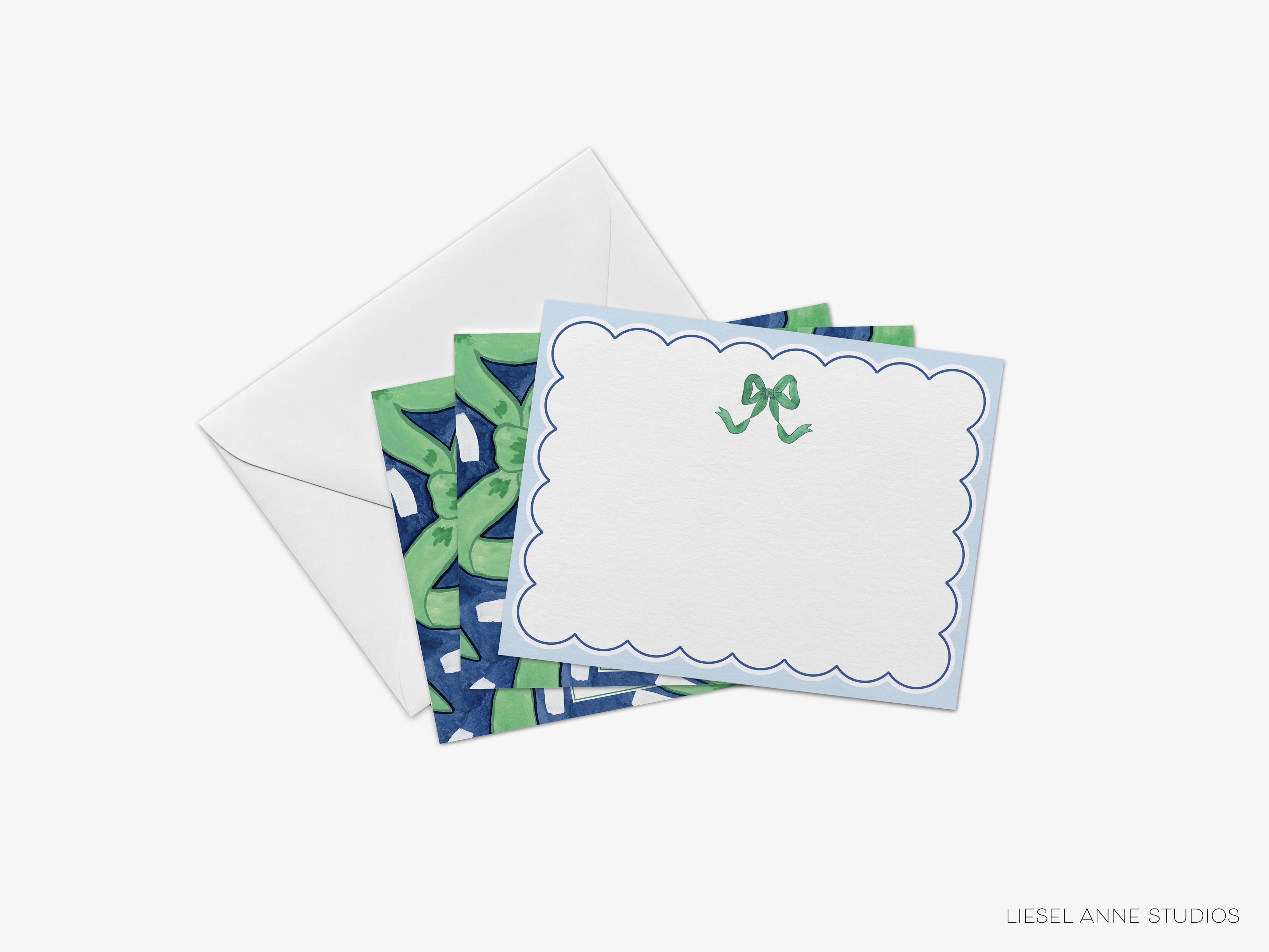 Green and Blue Bow Flat Notes-These personalized flat notecards are 4.25x5.5 and feature our hand-painted watercolor green bow, and on the back of this stationery features our signature golden bow design on a navy base with whimsical green bows and white confetti, printed in the USA on 120lb textured stock. They come with your choice of envelopes and make great thank yous and gifts for the bow lover in your life.-The Singing Little Bird