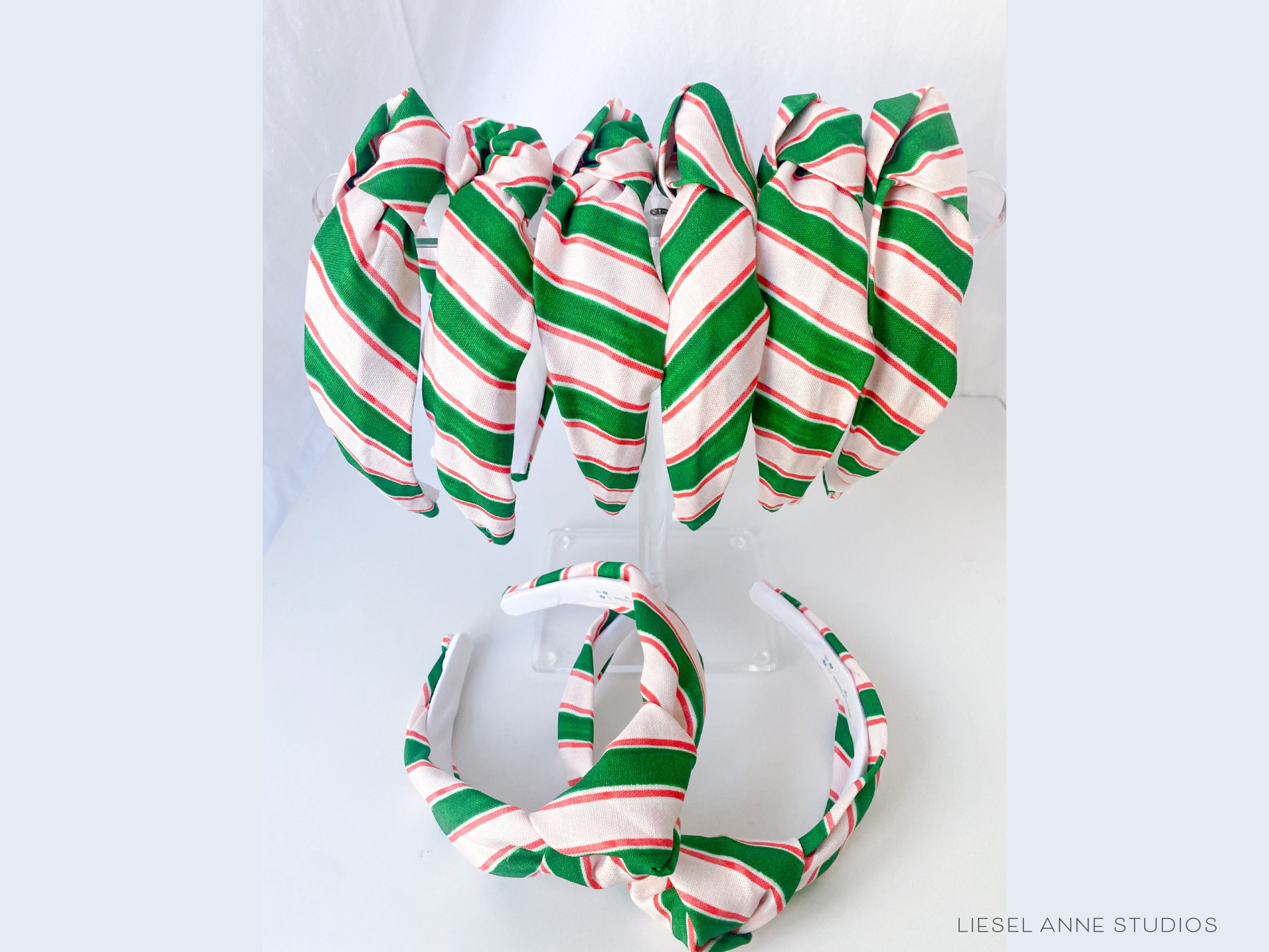 Holiday Stripes Top Knot Headband-These fabric headbands make unique one-of-a-kind gifts as each one is slightly different. They are cut from our hand-painted signature print. These are the perfect accessory and make great gifts!-The Singing Little Bird