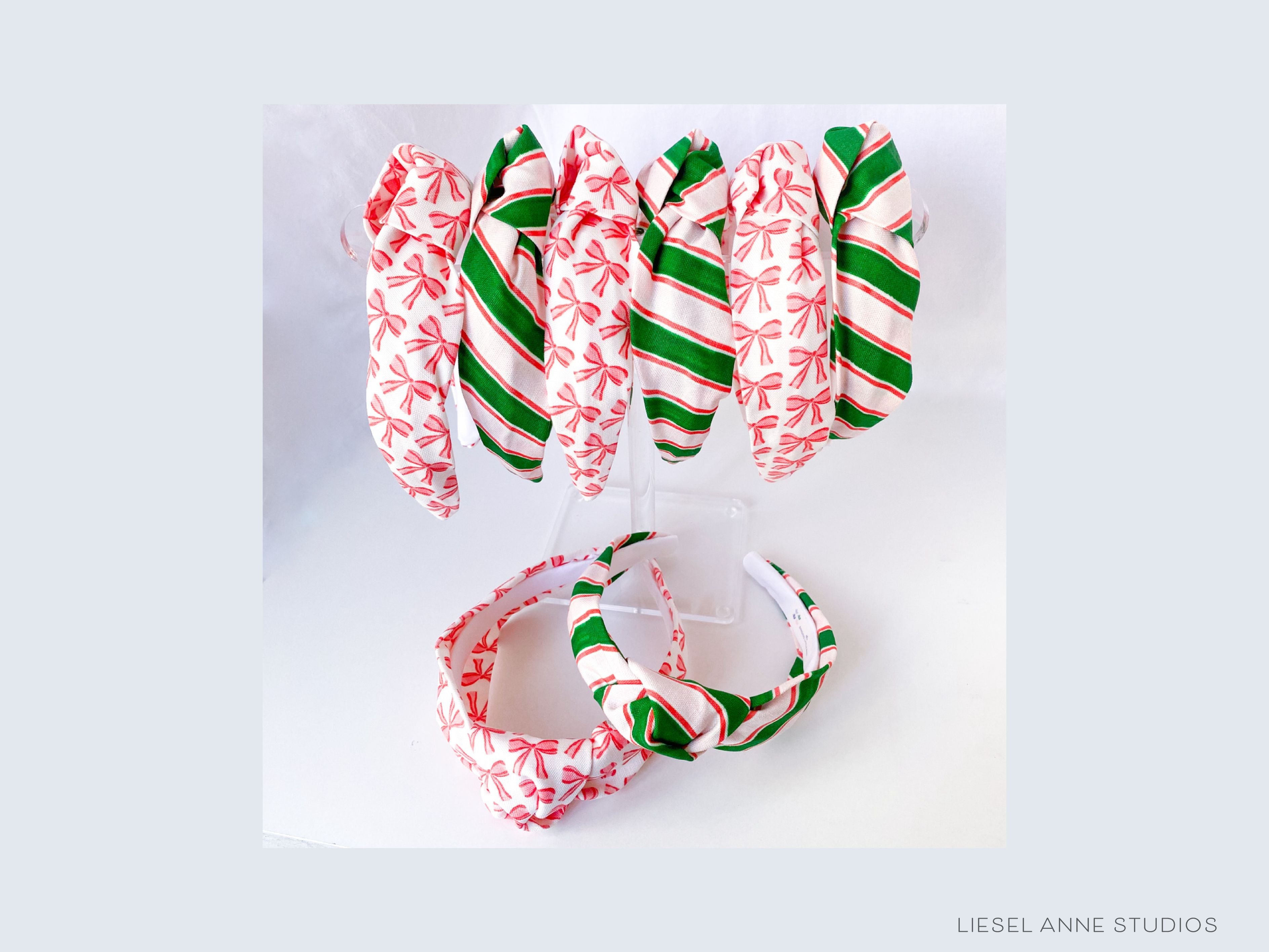Holiday Stripes Top Knot Headband-These fabric headbands make unique one-of-a-kind gifts as each one is slightly different. They are cut from our hand-painted signature print. These are the perfect accessory and make great gifts!-The Singing Little Bird