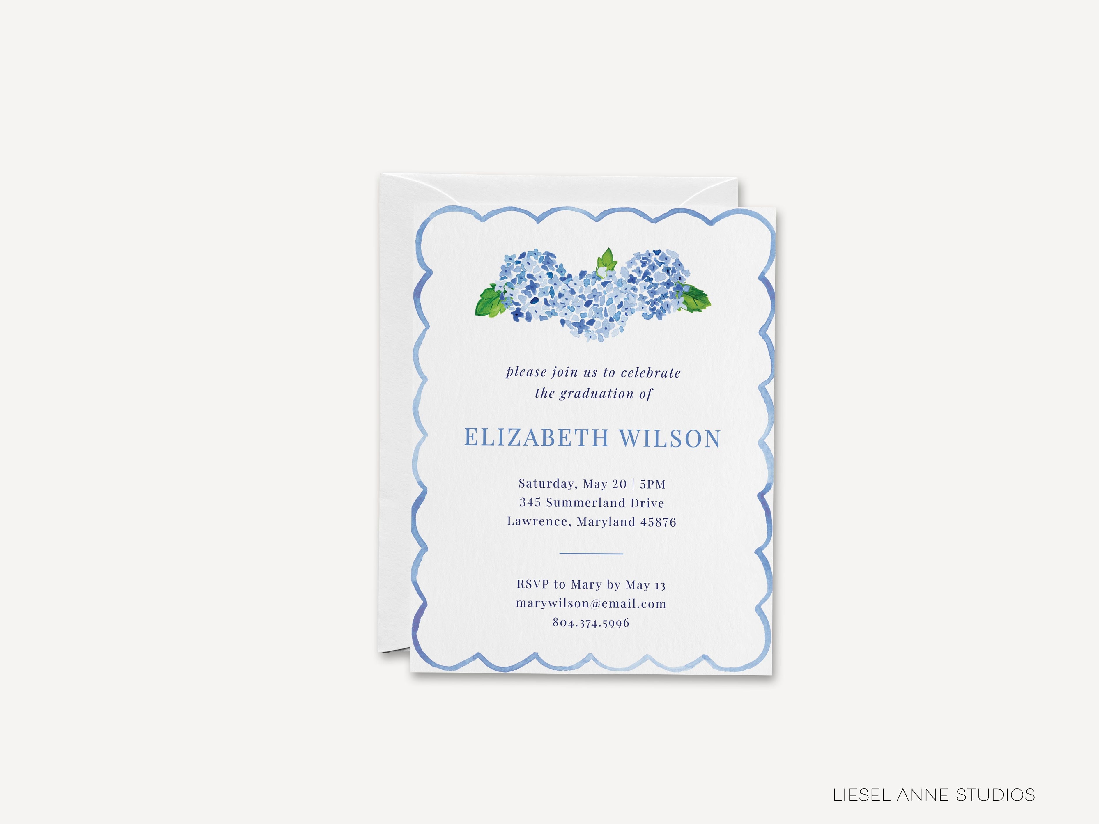 Hydrangea Graduation Invitations-These personalized flat graduation announcements are 4.25x5.5 and feature our hand-painted watercolor hydrangeas, printed in the USA on 120lb textured stock. They come with your choice of envelopes and make great grad invitations for friends and family.-The Singing Little Bird