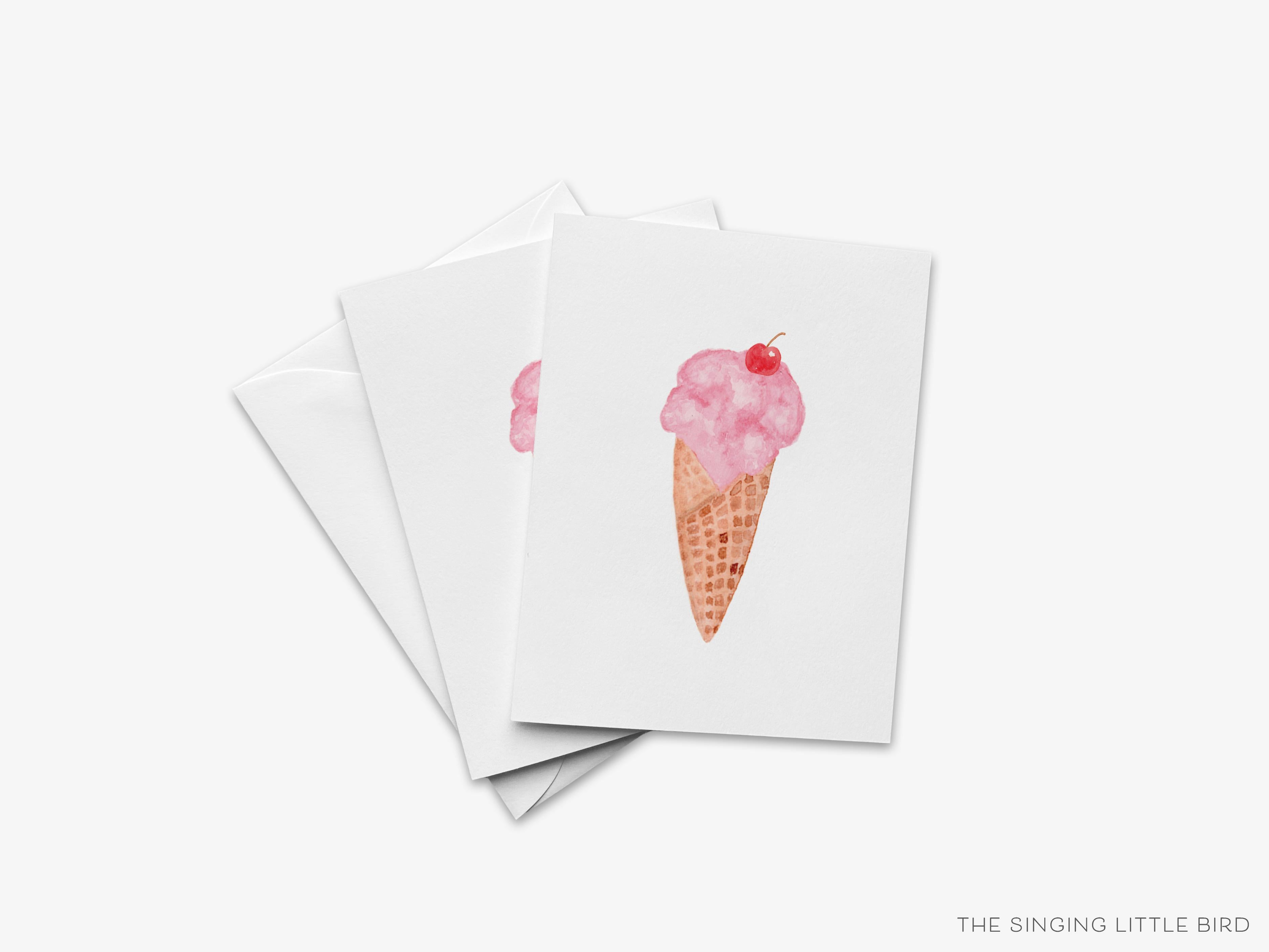Ice Cream Cone Greeting Card-These folded greeting cards 4.25x5.5 and feature our hand-painted ice cream cone, printed in the USA on 100lb textured stock. They come with a White envelope and make a great birthday card for the sweet tooth lover in your life.-The Singing Little Bird
