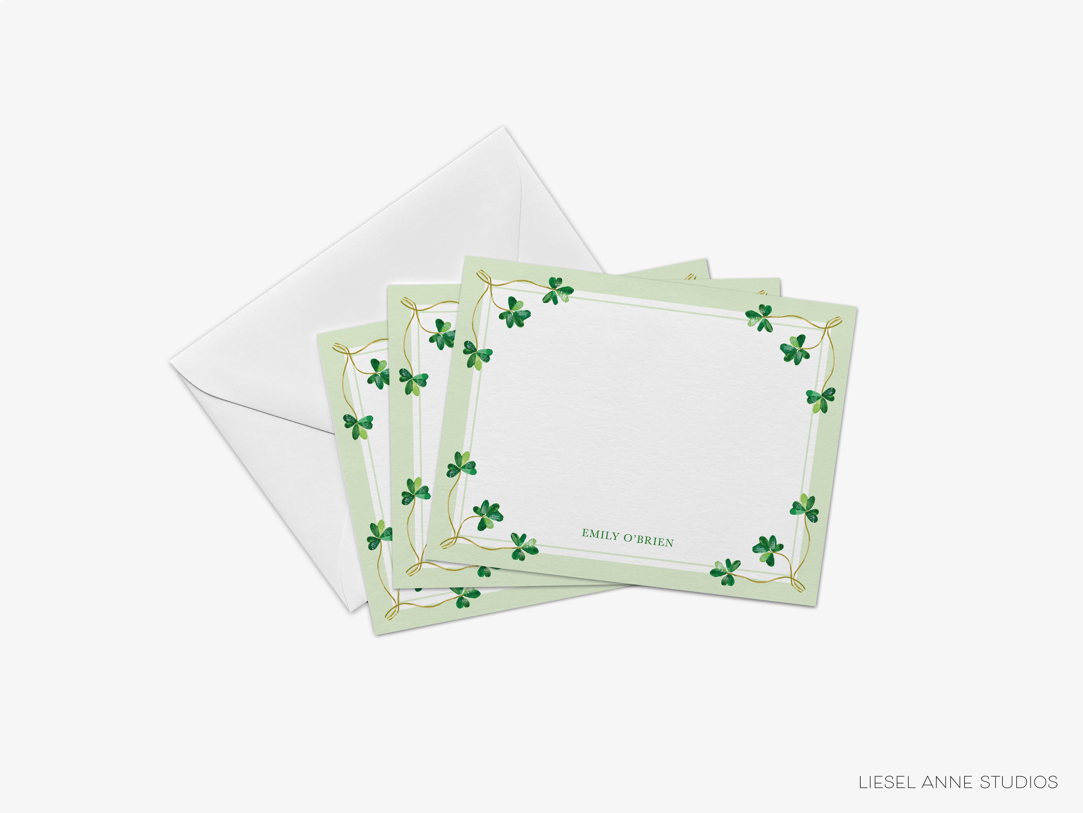 Irish Clover Shamrock Flat Notes-These personalized flat notecards are 4.25x5.5 and feature our hand-painted watercolor shamrocks, printed in the USA on 120lb textured stock. They come with your choice of envelopes and make great thank yous and gifts for the shamrock lover in your life.-The Singing Little Bird