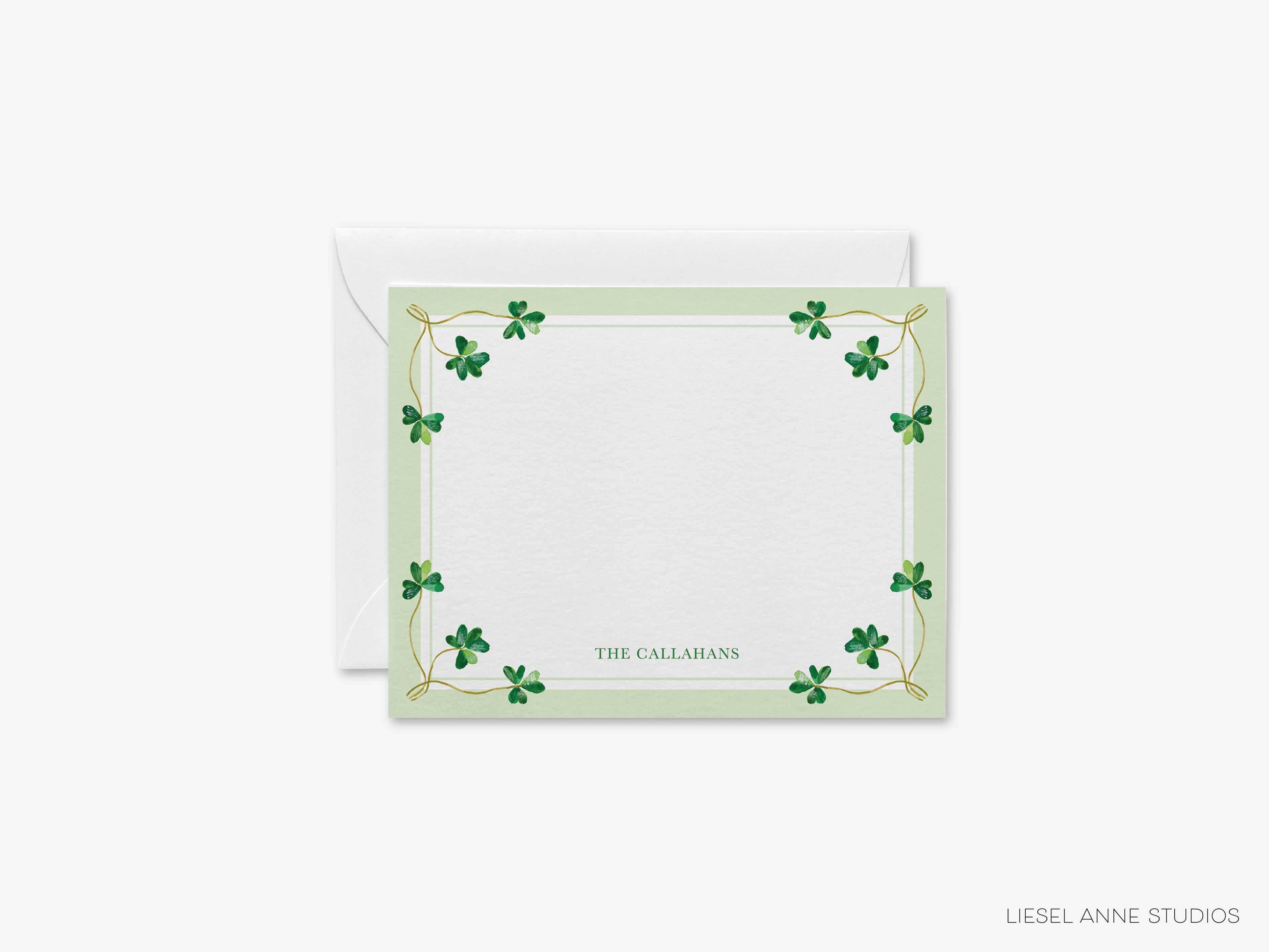 Irish Clover Shamrock Flat Notes-These personalized flat notecards are 4.25x5.5 and feature our hand-painted watercolor shamrocks, printed in the USA on 120lb textured stock. They come with your choice of envelopes and make great thank yous and gifts for the shamrock lover in your life.-The Singing Little Bird