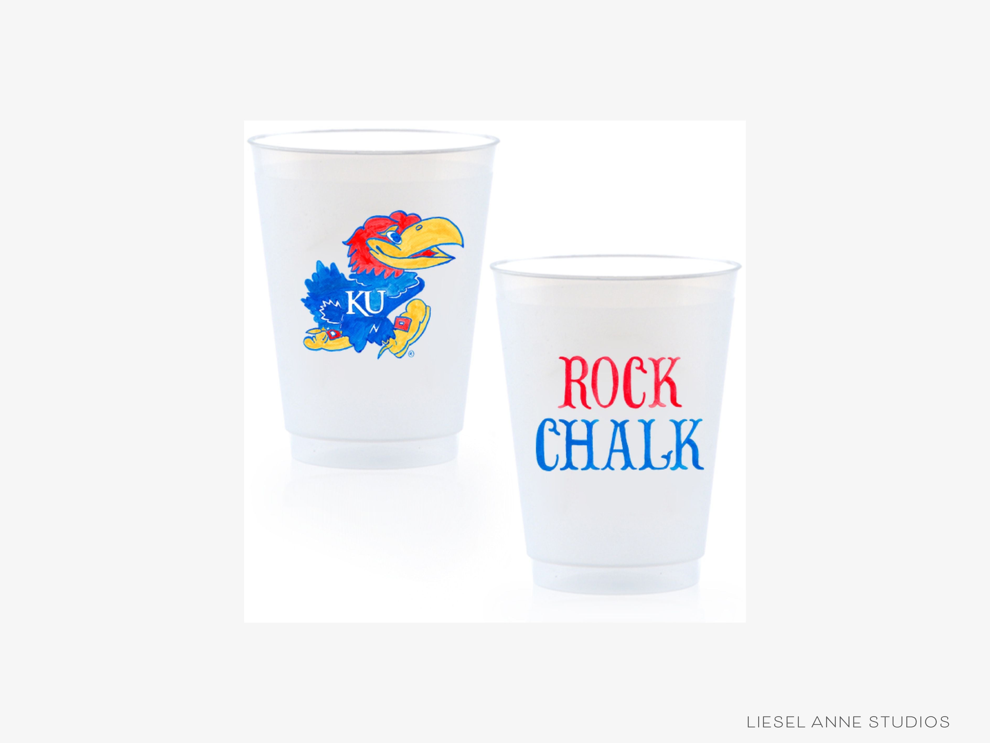 Jayhawk *Officially Licensed* 16oz Shatterproof Cups (Set of 8)-These officially licensed Kansas Jayhawk shatterproof cups feature our hand-painted Jayhawk and Rock Chalk text and make great party decorations for watch parties, graduation, game days and more! They come in sets of 8 and are re-usable for other parties to come or make wonderful party favors!-The Singing Little Bird