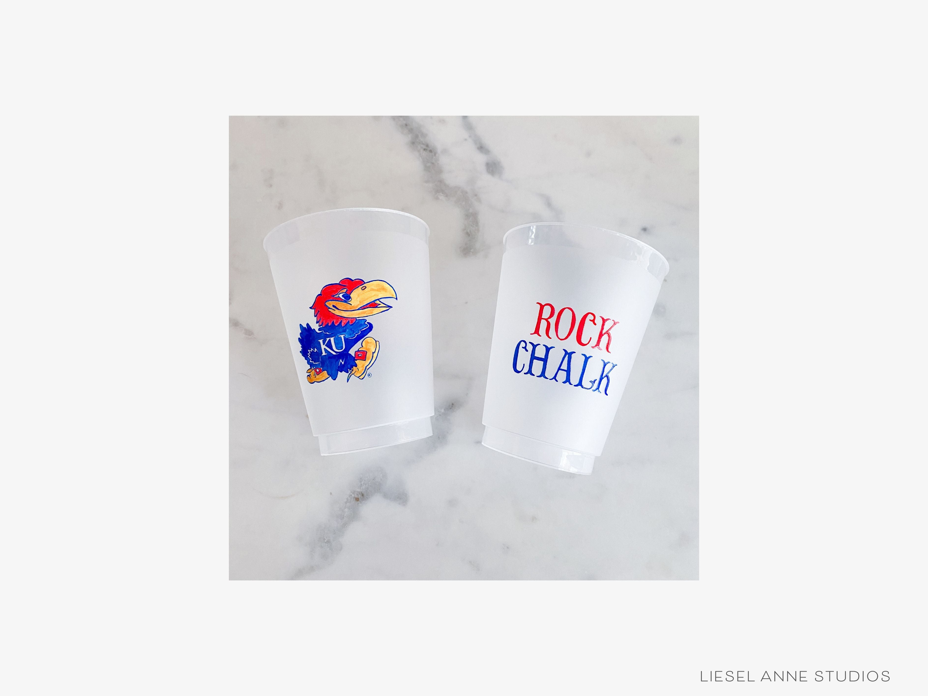 Jayhawk *Officially Licensed* 16oz Shatterproof Cups (Set of 8)-These officially licensed Kansas Jayhawk shatterproof cups feature our hand-painted Jayhawk and Rock Chalk text and make great party decorations for watch parties, graduation, game days and more! They come in sets of 8 and are re-usable for other parties to come or make wonderful party favors!-The Singing Little Bird