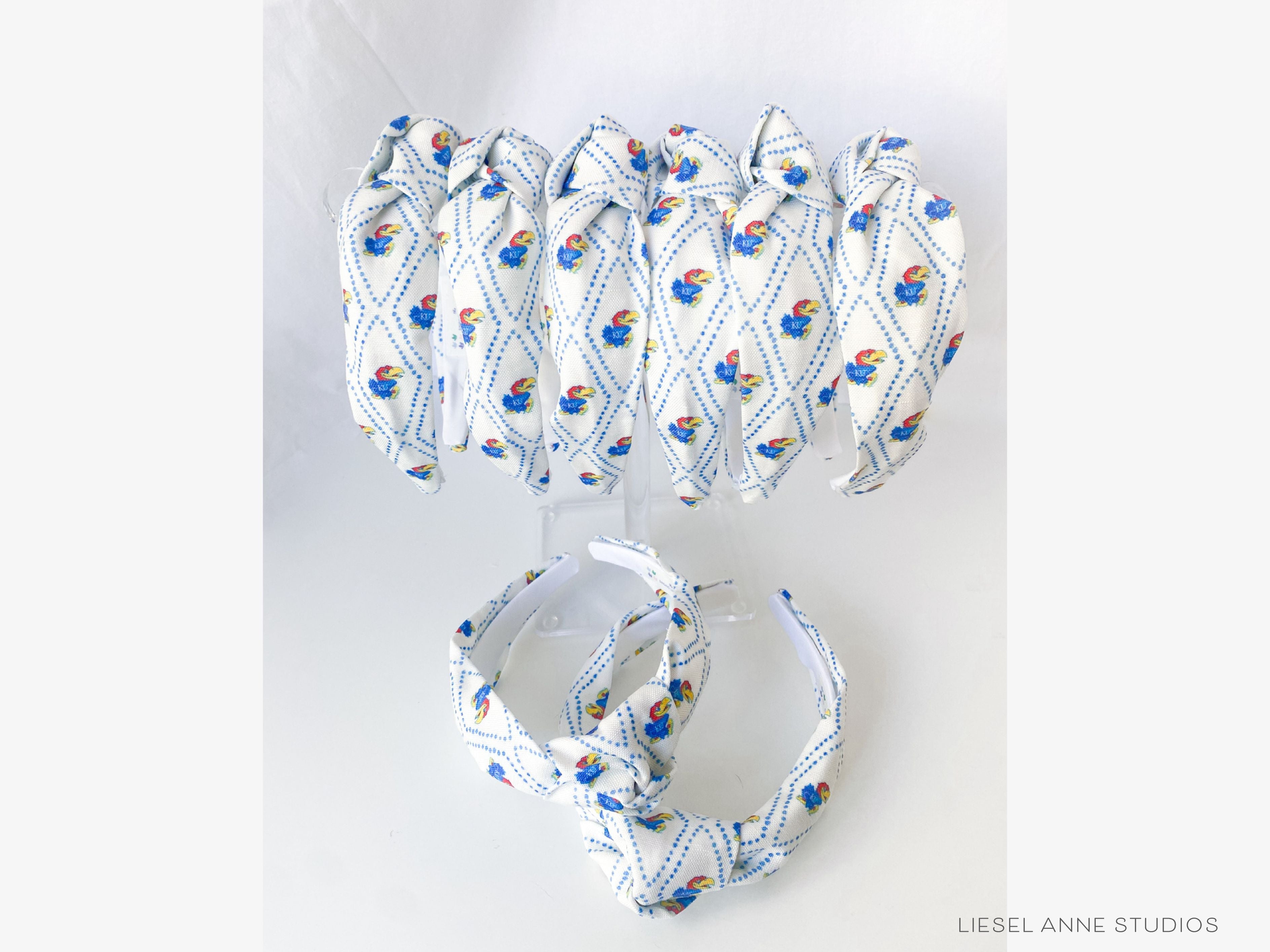 Jayhawk Officially Licensed Blue and White Dotted Diamond Headband-These fabric headbands make unique one-of-a-kind gifts as each one is slightly different. They are cut from our hand-painted signature print. These are the perfect accessory and make great gifts!-The Singing Little Bird