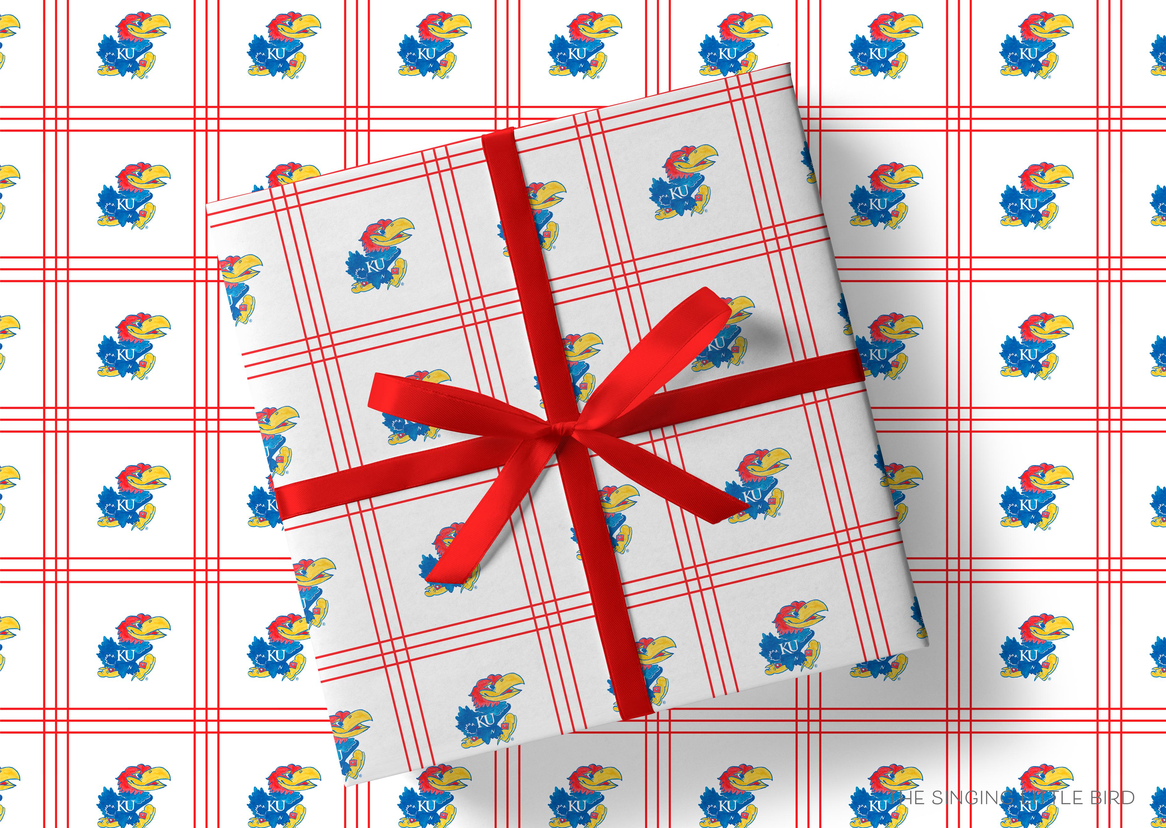 Jayhawk Windowpane Gift Wrap - Officially Licensed-This matte finish gift wrap features our hand-painted watercolor Kansas Jayhawks. It makes a perfect wrapping paper for any celebration present for a University of Kanas lover. -The Singing Little Bird