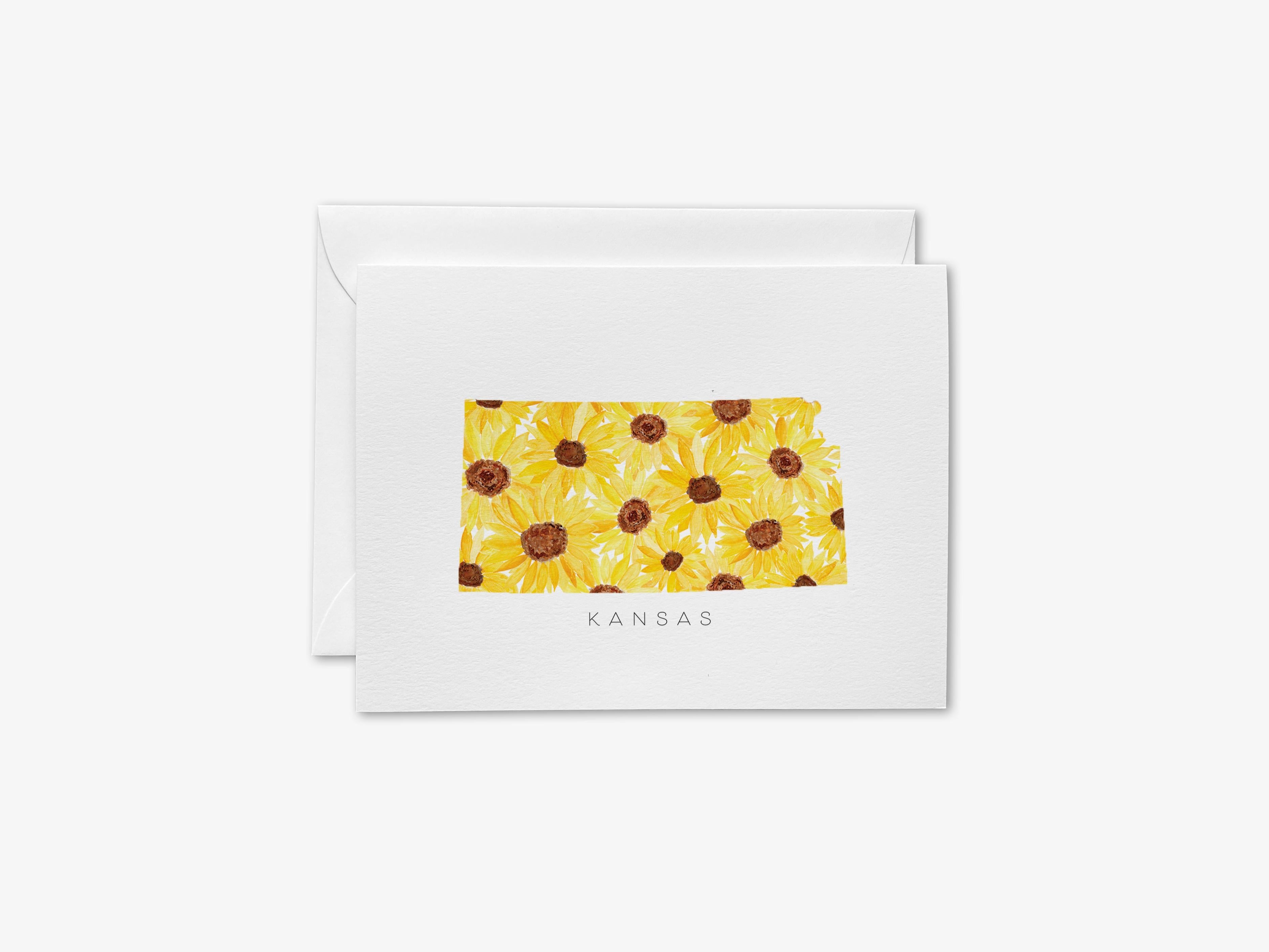 Kansas Sunflower Greeting Card-These folded greeting cards are 4.25x5.5 and feature our hand-painted sunflowers, printed in the USA on 100lb textured stock. They come with a White envelope and make a great thinking of you card for the Kansas and sunflower lover in your life.-The Singing Little Bird