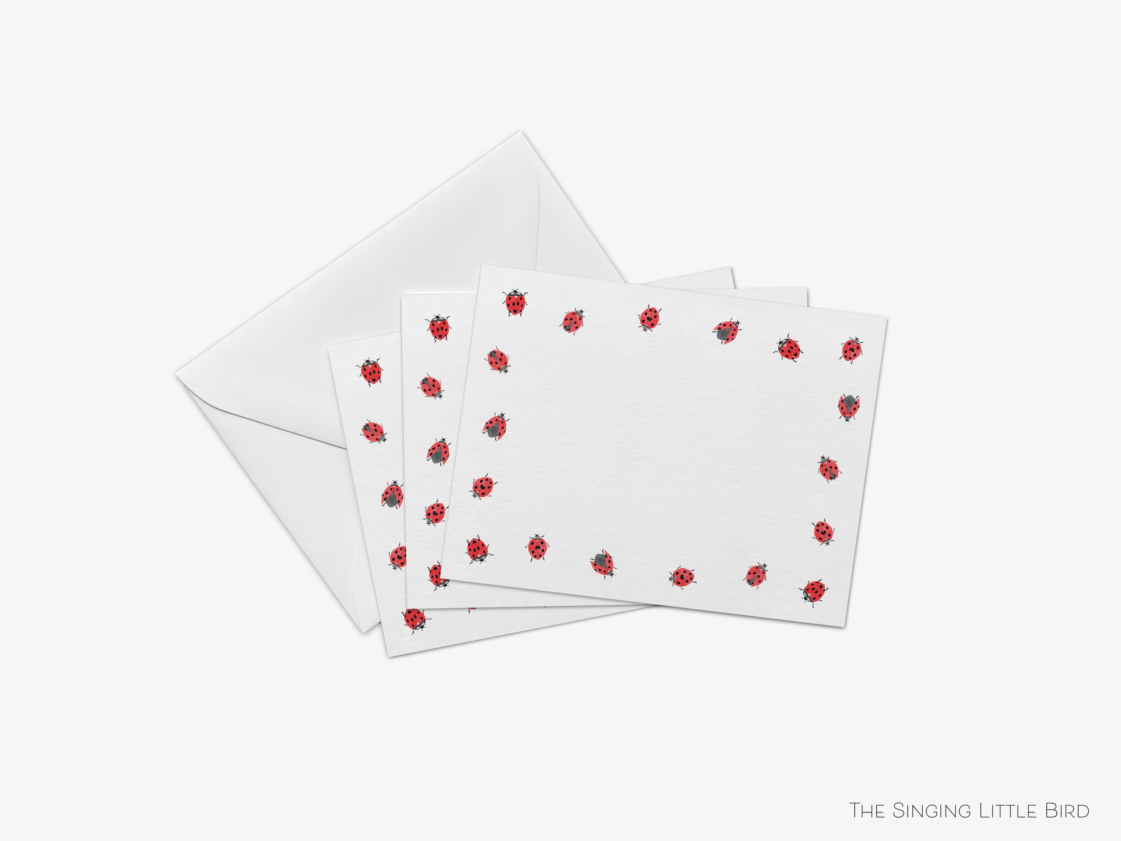 Ladybug Flat Notes-These personalized flat notecards are 4.25x5.5 and feature our hand-painted watercolor ladybugs, printed in the USA on 120lb textured stock. They come with your choice of envelopes and make great thank yous and gifts for the ladybird lover in your life.-The Singing Little Bird