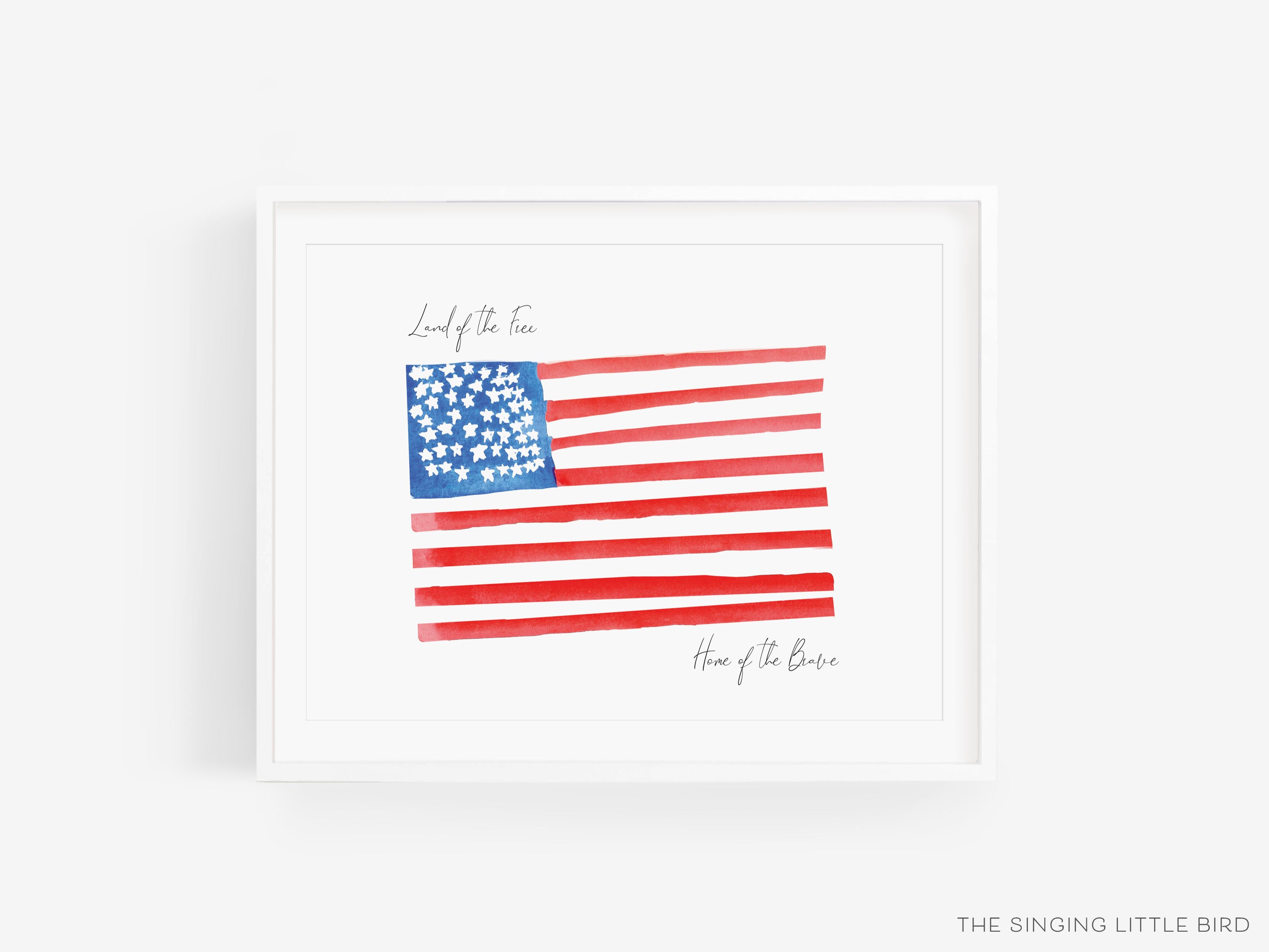 Land of the Free Art Print-This watercolor art print features our hand-painted American Flag, printed in the USA on 120lb high quality art paper. This makes a great gift or wall decor for the patriot in your life.-The Singing Little Bird