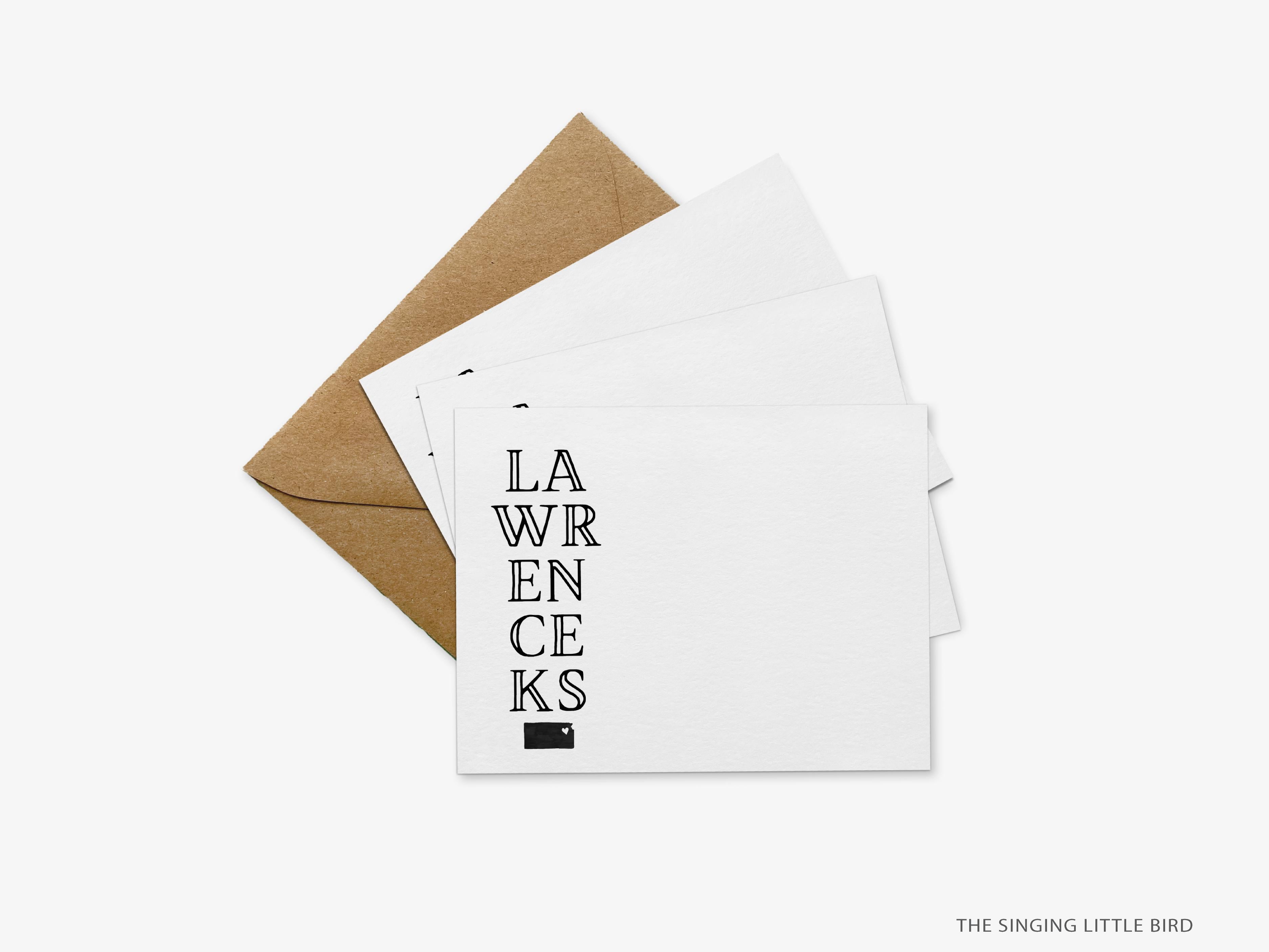 Lawrence, Kansas Flat Notes-These personalized flat notecards are 4.25x5.5 and feature our hand-painted watercolor state of Kansas, printed in the USA on 120lb textured stock. They come with your choice of envelopes and make great thank yous and gifts for the Lawrence, KS lover in your life.-The Singing Little Bird