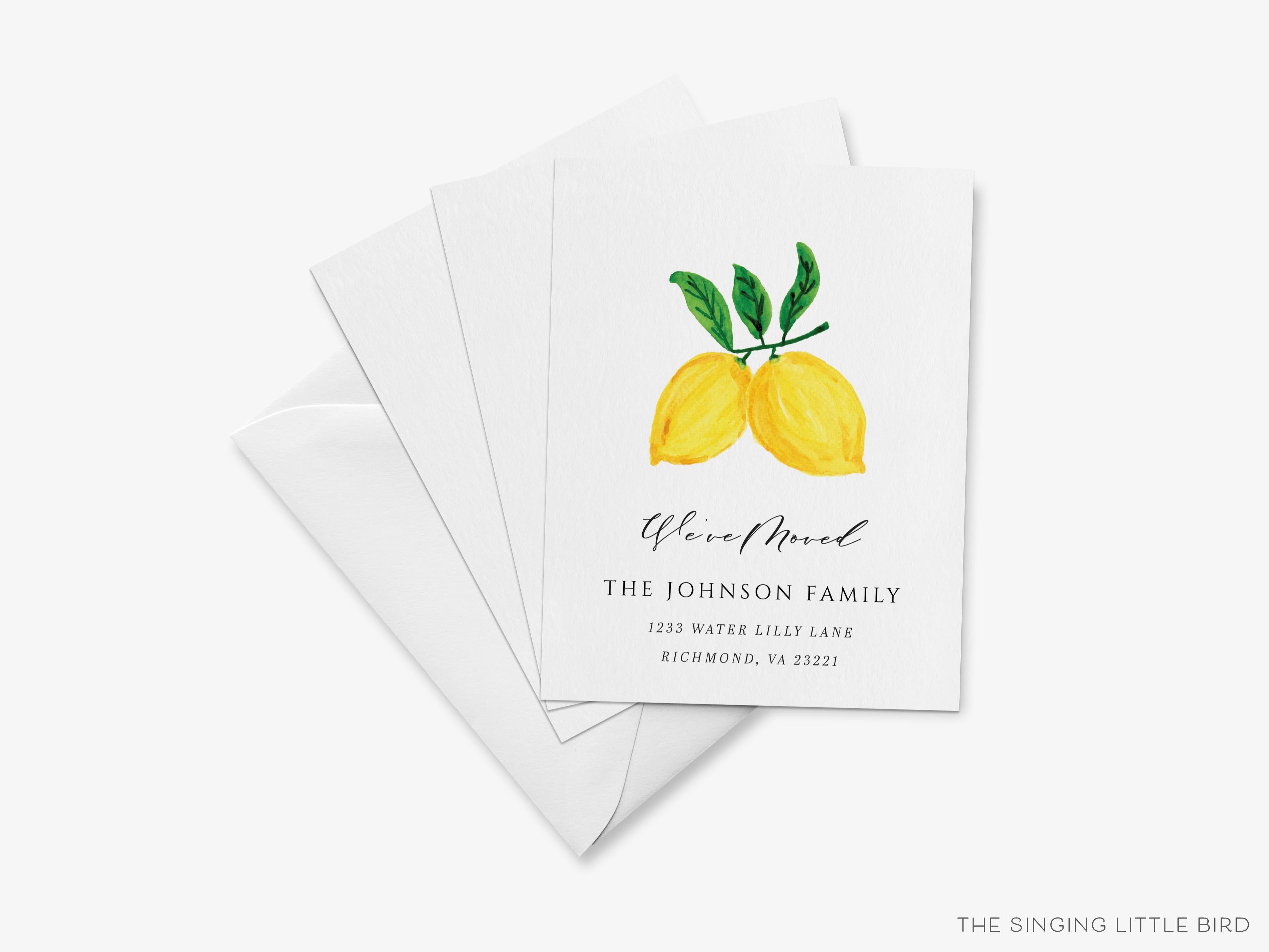 Lemon Moving Announcement-These personalized flat change of address cards are 4.25x5.5 and feature our hand-painted watercolor lemons, printed in the USA on 120lb textured stock. They come with your choice of envelopes and make great moving announcements for the citrus lover.-The Singing Little Bird