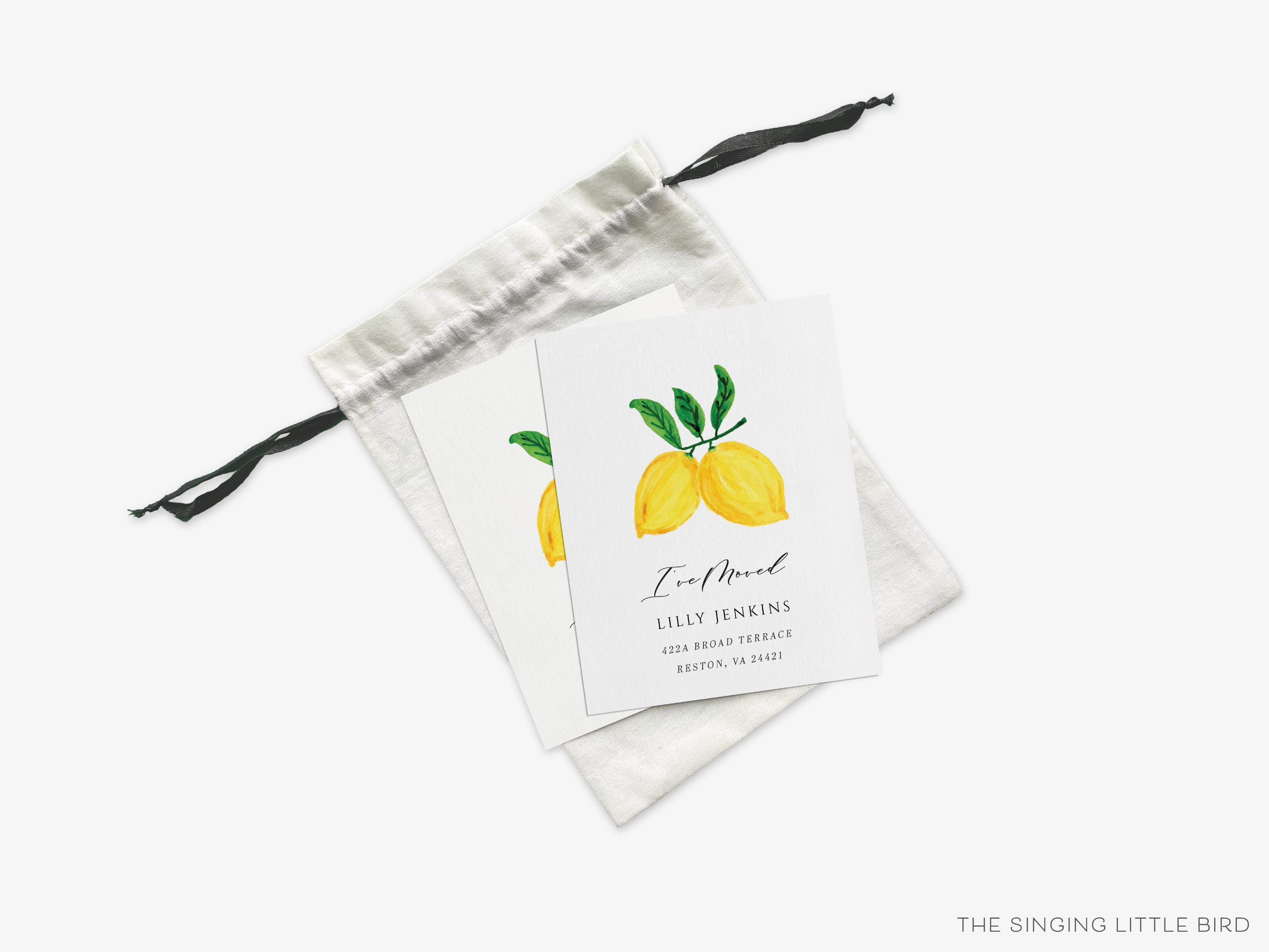 Lemon Moving Announcement-These personalized flat change of address cards are 4.25x5.5 and feature our hand-painted watercolor lemons, printed in the USA on 120lb textured stock. They come with your choice of envelopes and make great moving announcements for the citrus lover.-The Singing Little Bird