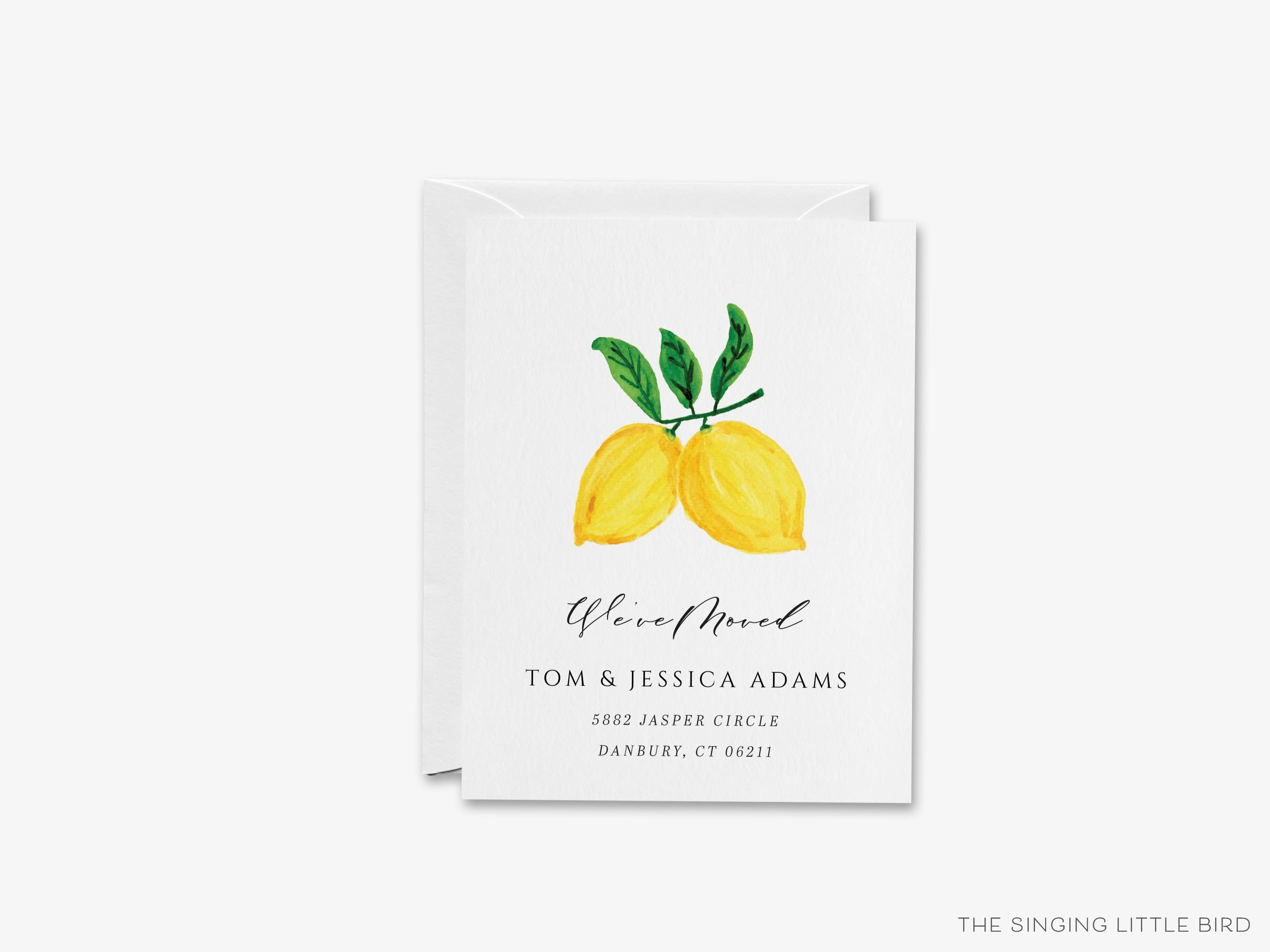 Lemon Moving Announcement-These personalized flat change of address cards are 4.25x5.5 and feature our hand-painted watercolor lemons, printed in the USA on 120lb textured stock. They come with your choice of envelopes and make great moving announcements for the citrus lover.-The Singing Little Bird