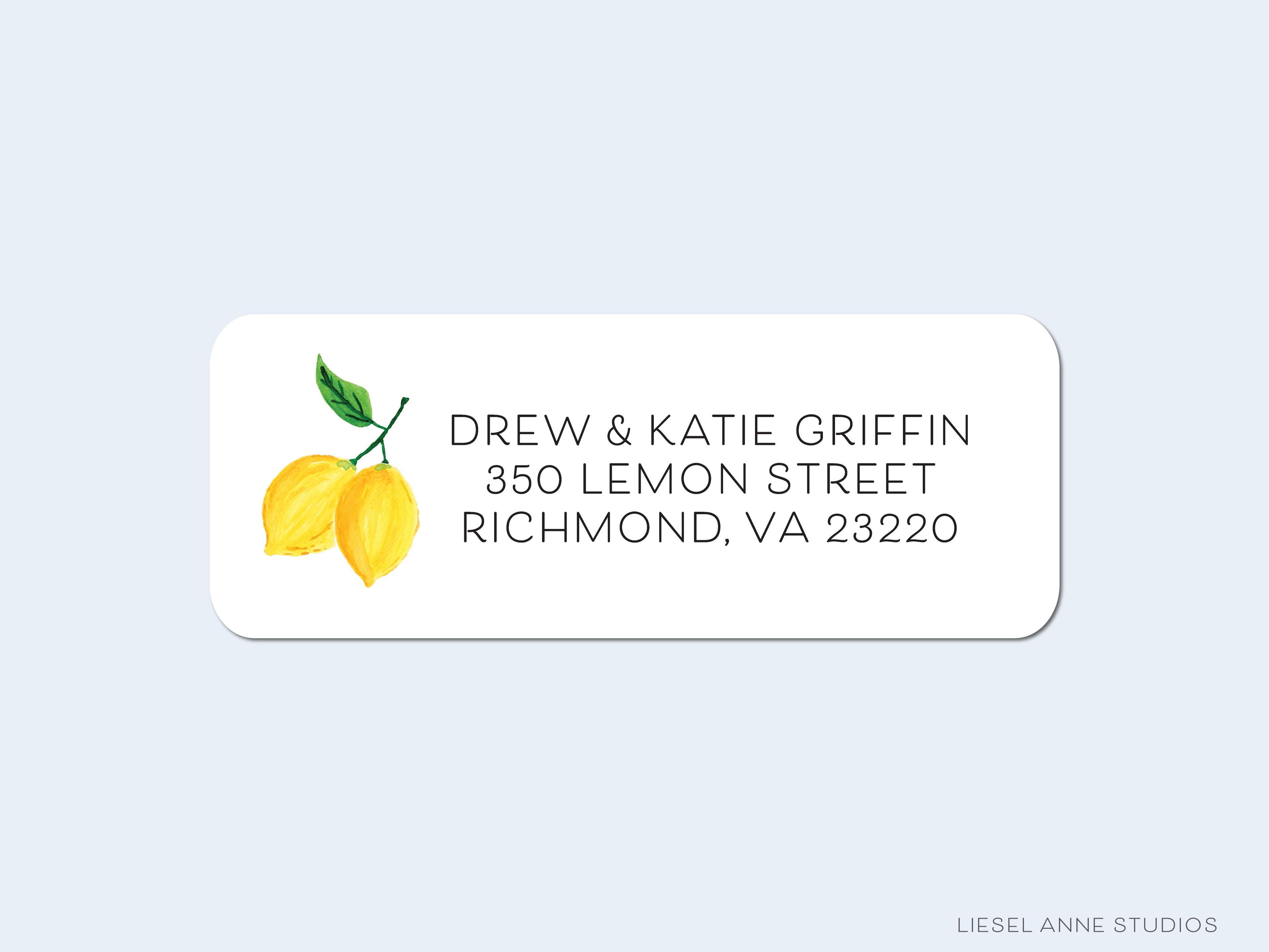 Lemon Return Address Labels-These personalized return address labels are 2.625" x 1" and feature our hand-painted watercolor lemon, printed in the USA on beautiful matte finish labels. These make great gifts for yourself or the citrus lover.-The Singing Little Bird