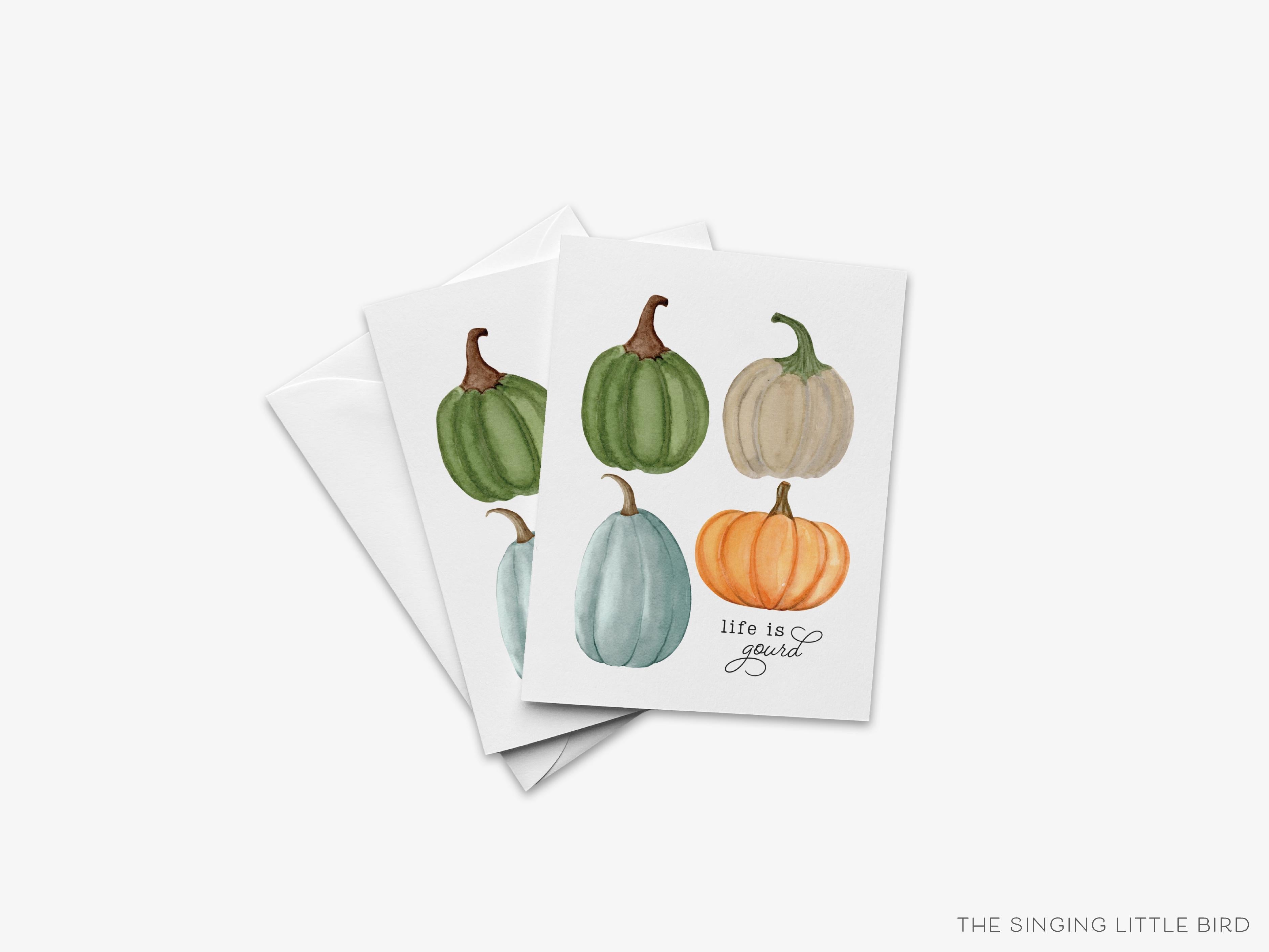 Life is Gourd Pumpkin Pun Greeting Card-These folded greeting cards are 4.25x5.5 and feature our hand-painted pumpkins and gourds, printed in the USA on 100lb textured stock. They come with a White envelope and make a great Fall season card for the pumpkin and pun lover in your life.-The Singing Little Bird