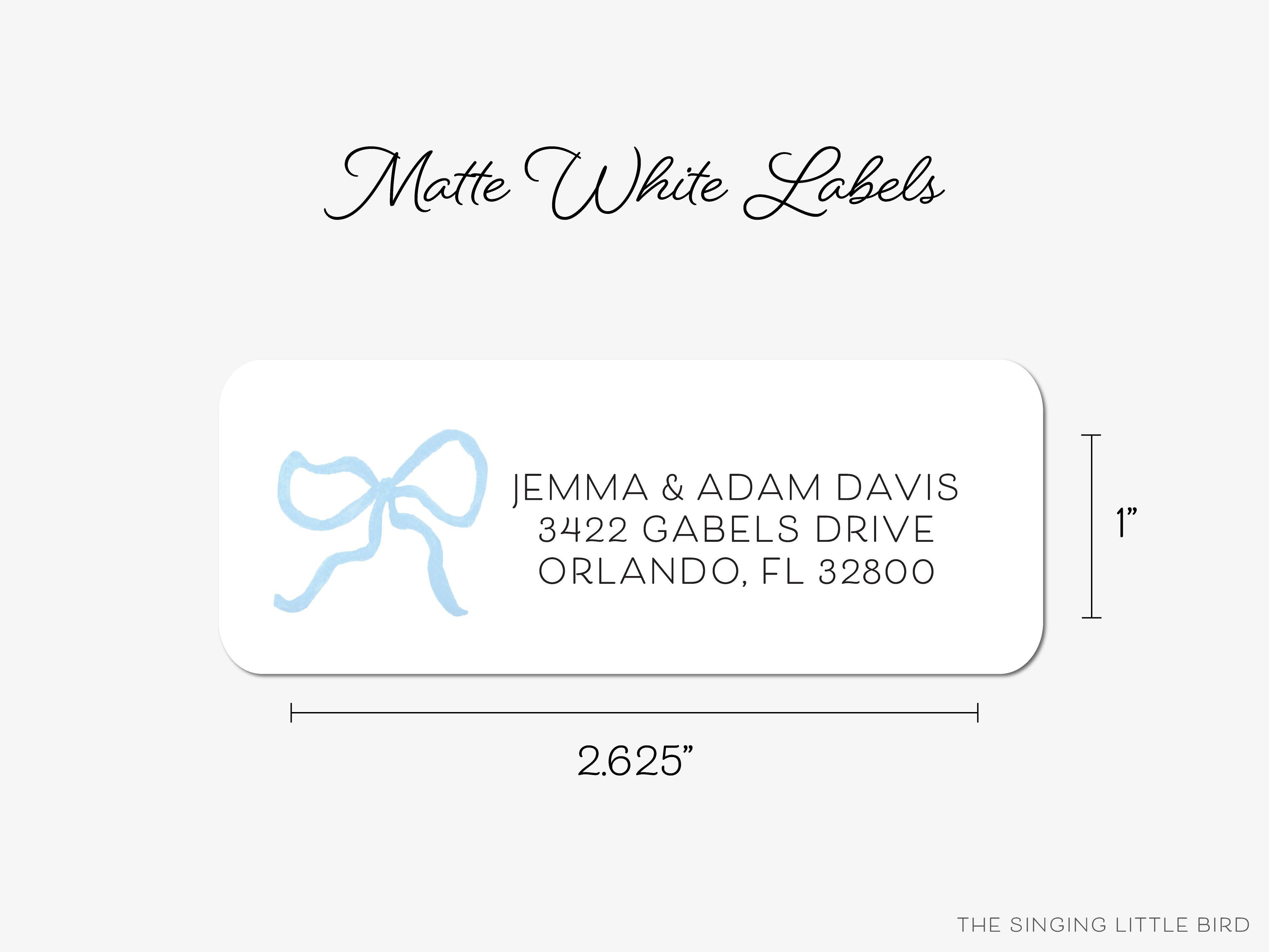 Light Blue Bow Return Address Labels-These personalized return address labels are 2.625" x 1" and feature our hand-painted watercolor bow, printed in the USA on beautiful matte finish labels. These make great gifts for yourself or the bow lover.-The Singing Little Bird