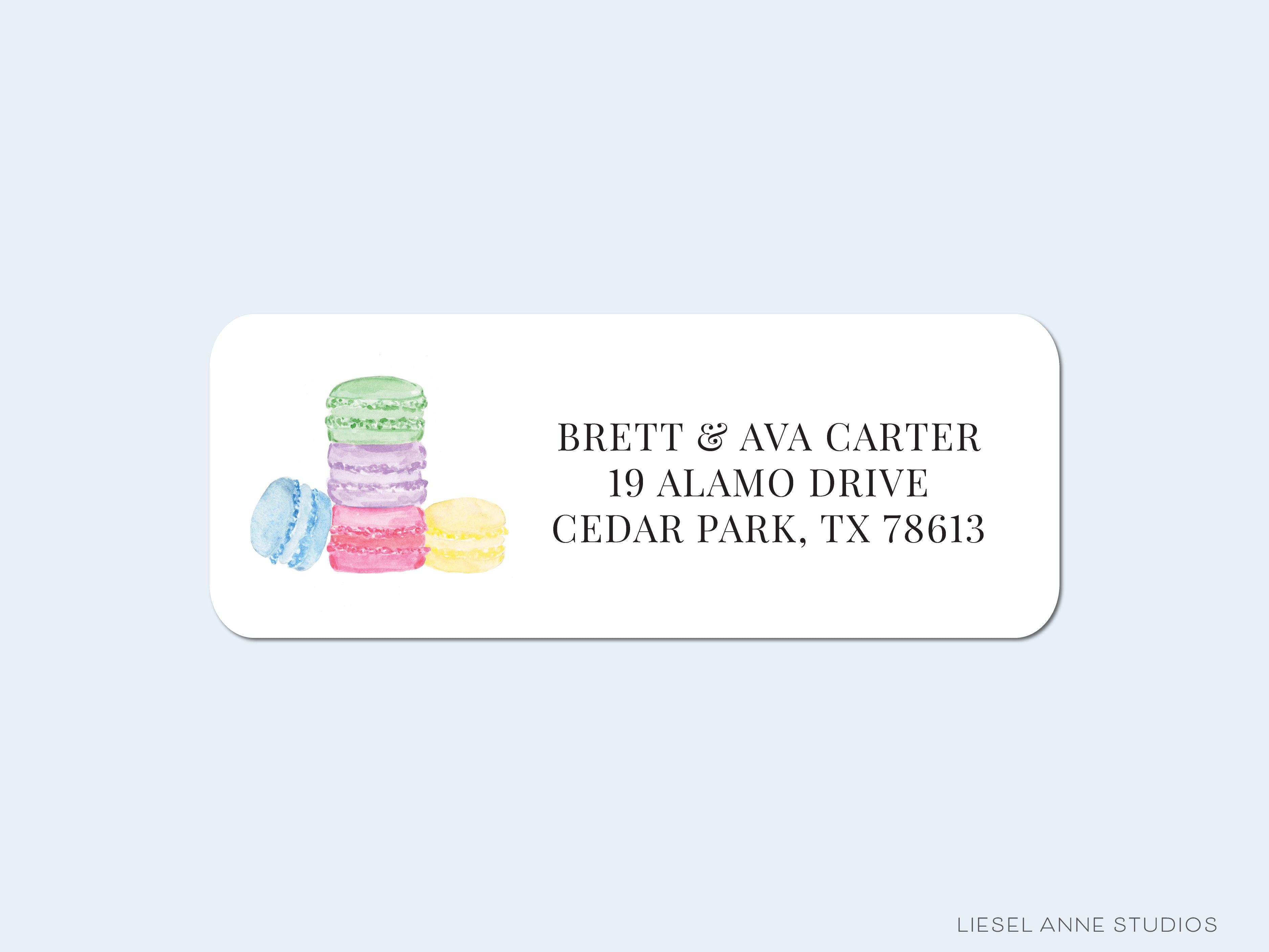 Macaron Stack Return Address Labels-These personalized return address labels are 2.625" x 1" and feature our hand-painted watercolor macarons, printed in the USA on beautiful matte finish labels. These make great gifts for yourself or the French pastry lover.-The Singing Little Bird