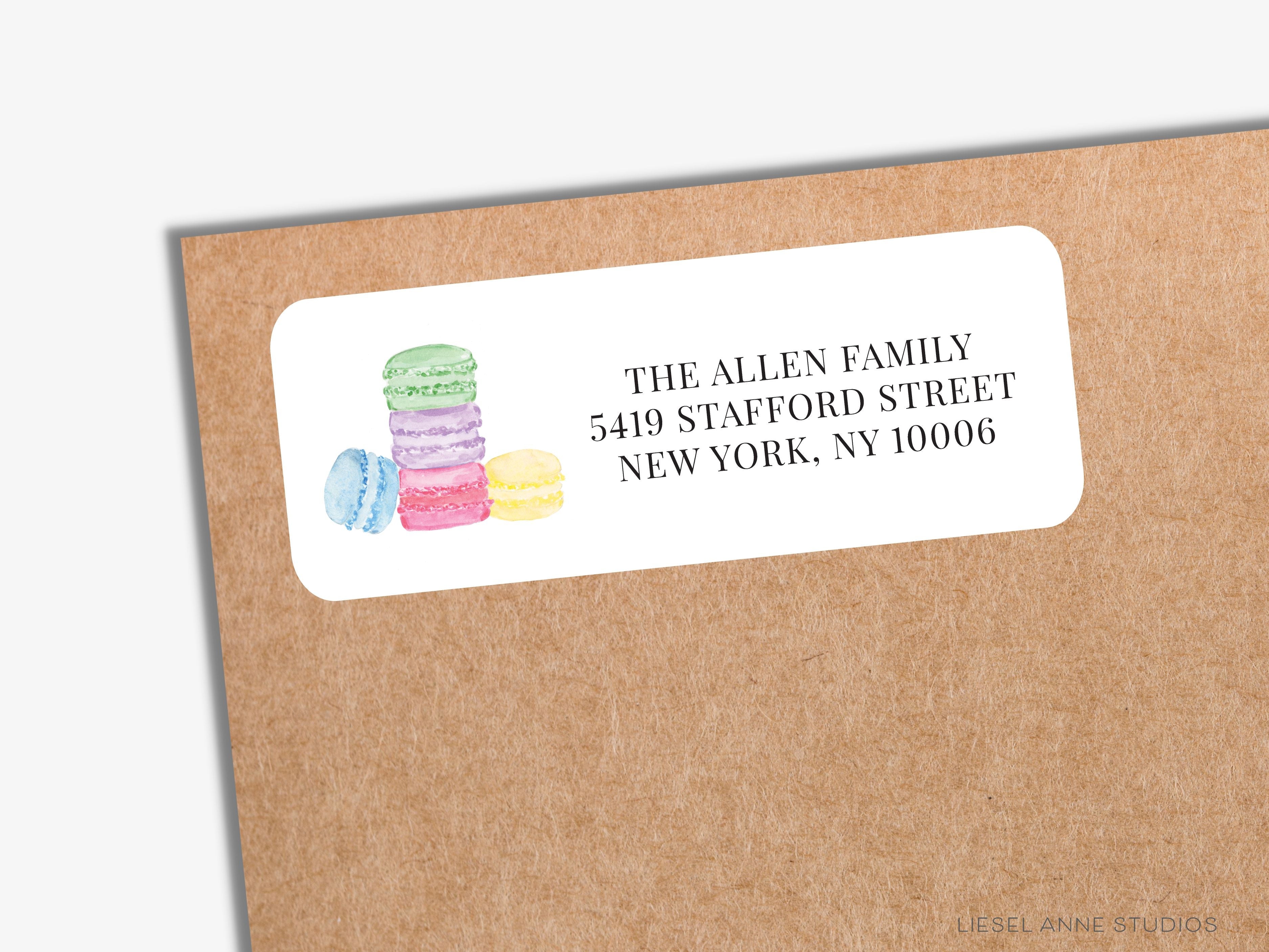 Macaron Stack Return Address Labels-These personalized return address labels are 2.625" x 1" and feature our hand-painted watercolor macarons, printed in the USA on beautiful matte finish labels. These make great gifts for yourself or the French pastry lover.-The Singing Little Bird