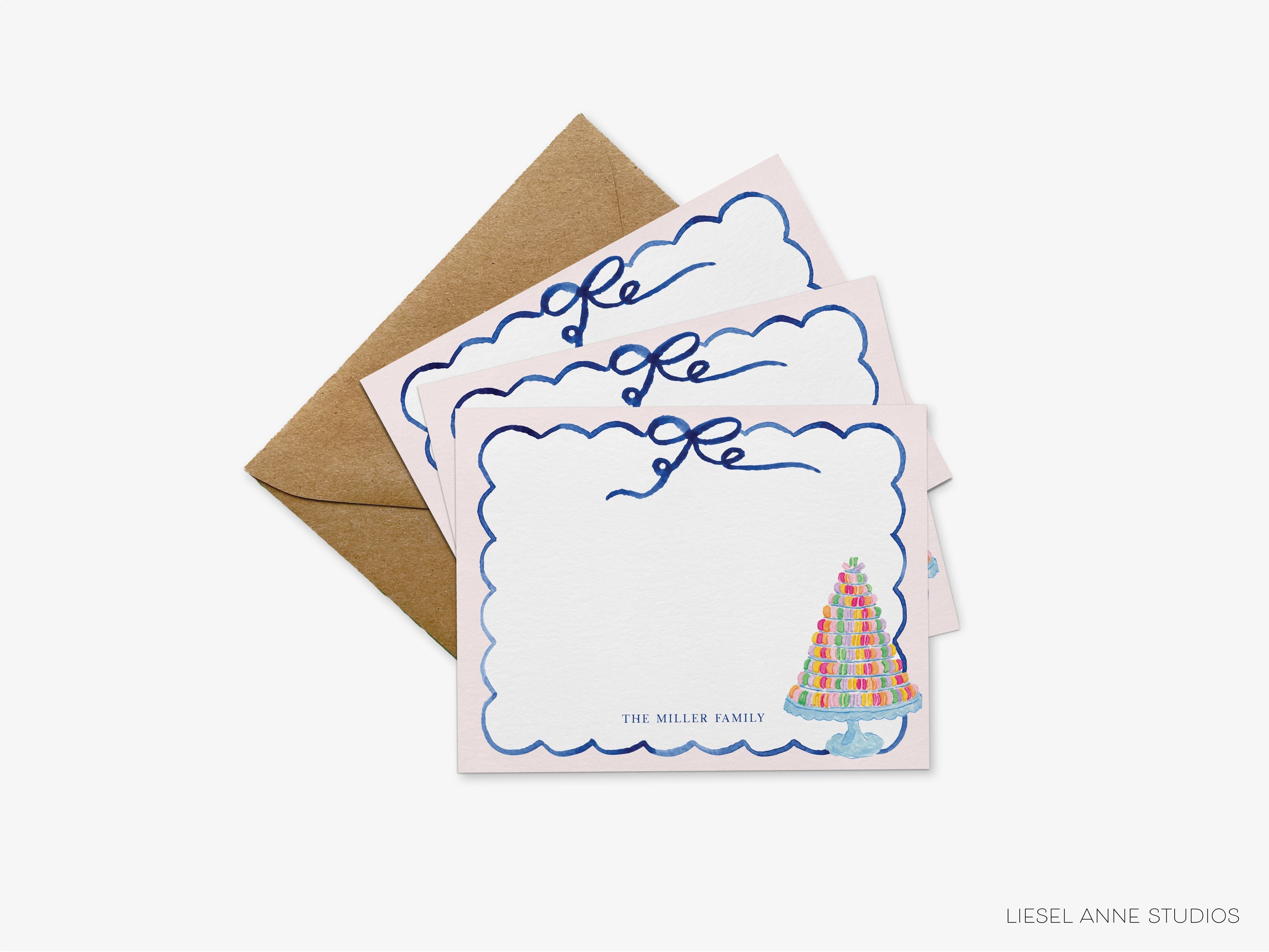 Macaron Tower Flat Notes-These personalized flat notecards are 4.25x5.5 and feature our hand-painted watercolor macarons, printed in the USA on 120lb textured stock. They come with your choice of envelopes and make great thank yous and gifts for the Parisian lover in your life.-The Singing Little Bird