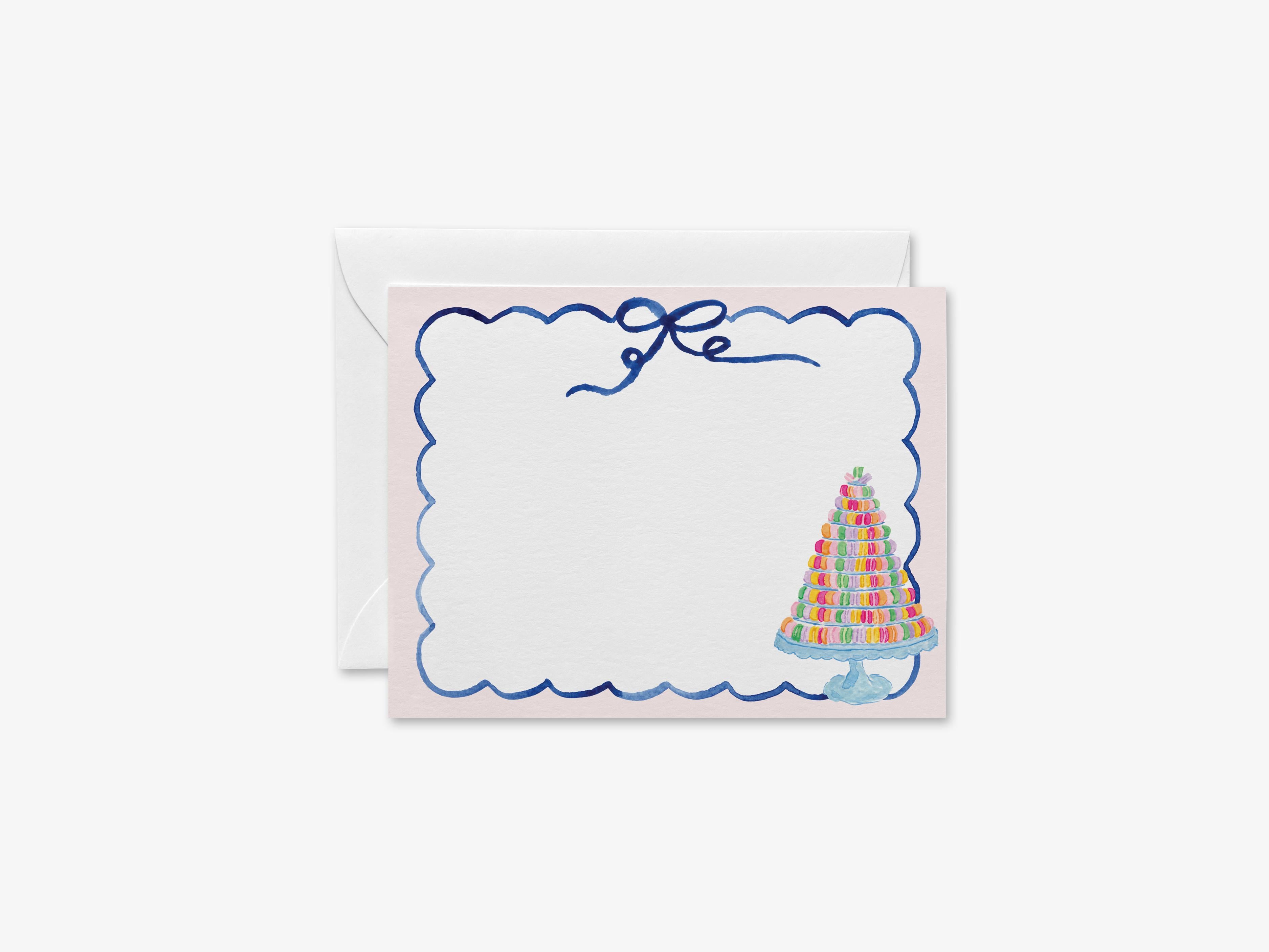Macaron Tower Flat Notes-These personalized flat notecards are 4.25x5.5 and feature our hand-painted watercolor macarons, printed in the USA on 120lb textured stock. They come with your choice of envelopes and make great thank yous and gifts for the Parisian lover in your life.-The Singing Little Bird