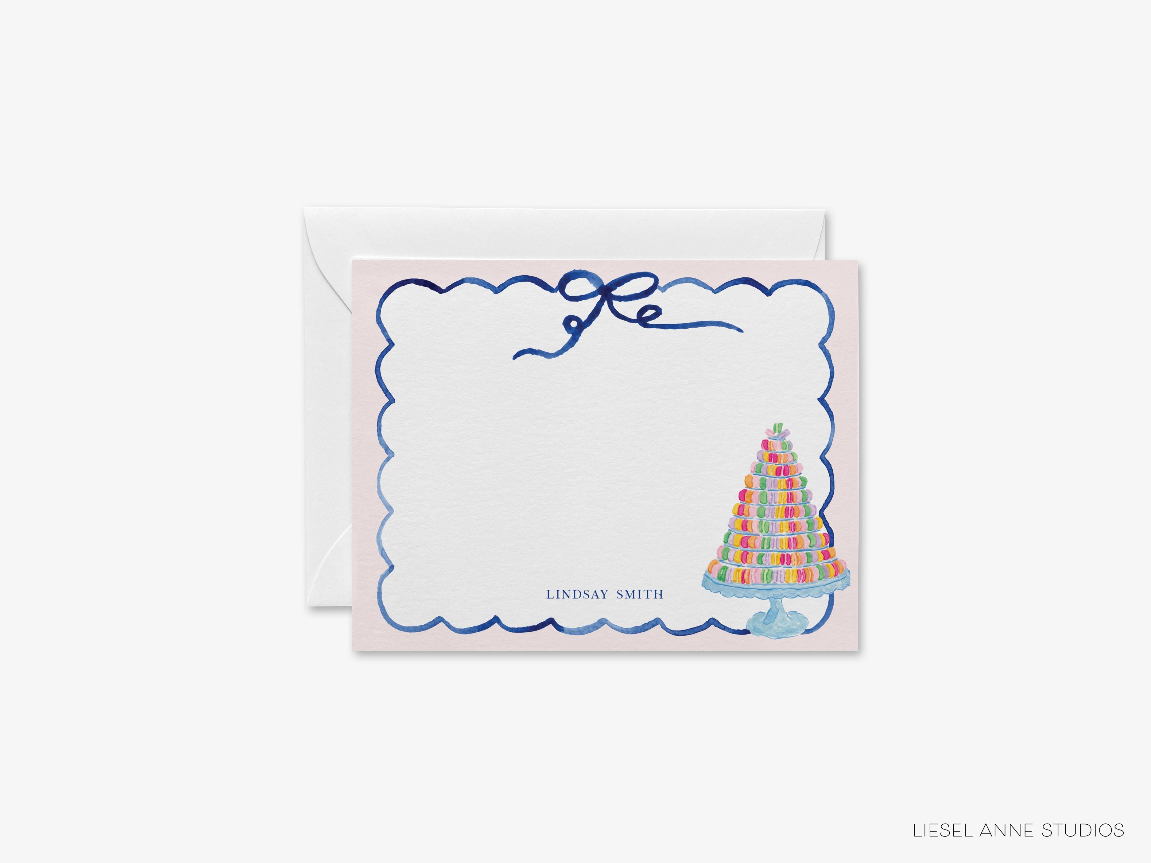 Macaron Tower Flat Notes-These personalized flat notecards are 4.25x5.5 and feature our hand-painted watercolor macarons, printed in the USA on 120lb textured stock. They come with your choice of envelopes and make great thank yous and gifts for the Parisian lover in your life.-The Singing Little Bird