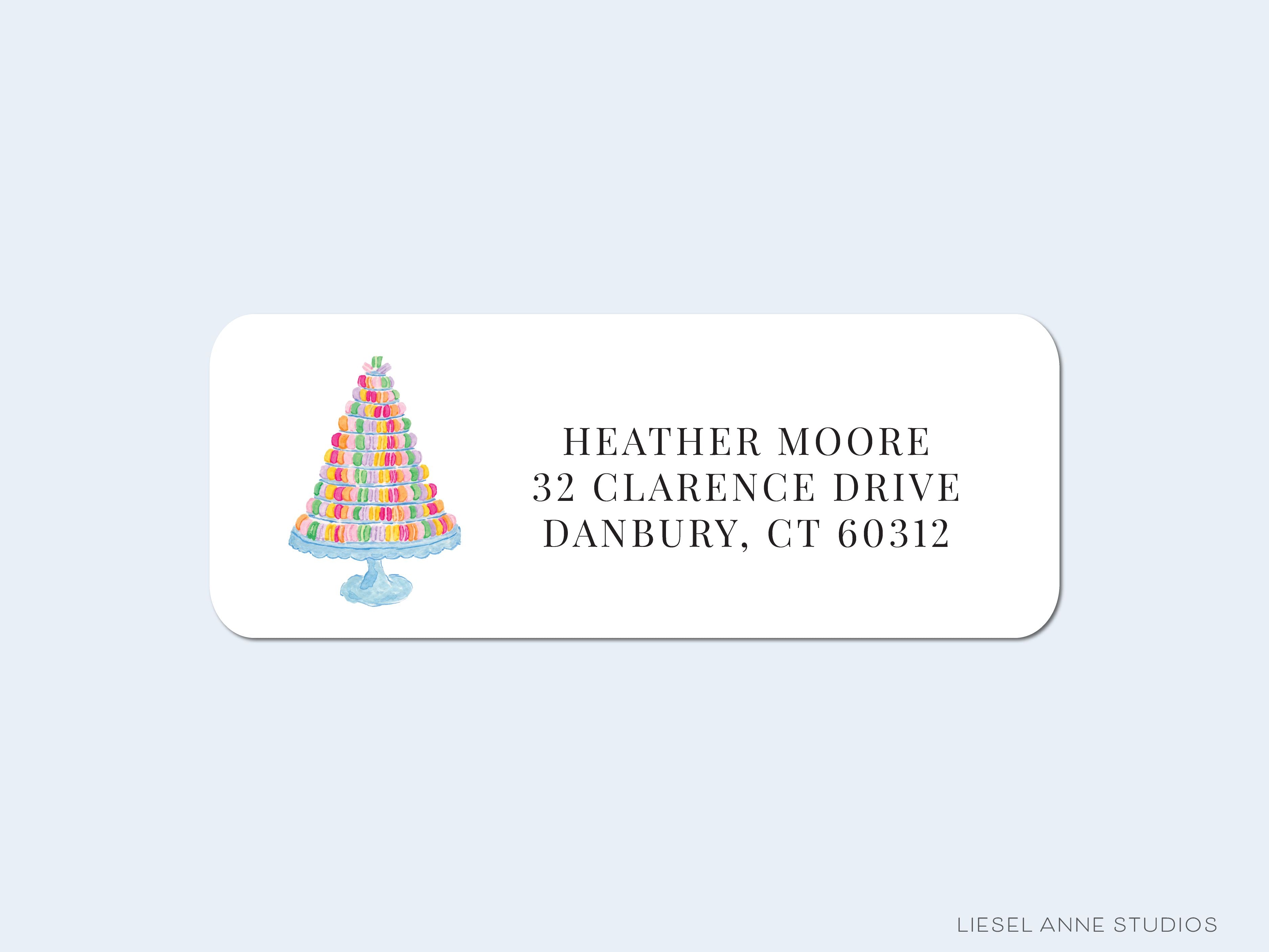 Macaron Tower Return Address Labels-These personalized return address labels are 2.625" x 1" and feature our hand-painted watercolor macarons, printed in the USA on beautiful matte finish labels. These make great gifts for yourself or the French pastry lover.-The Singing Little Bird