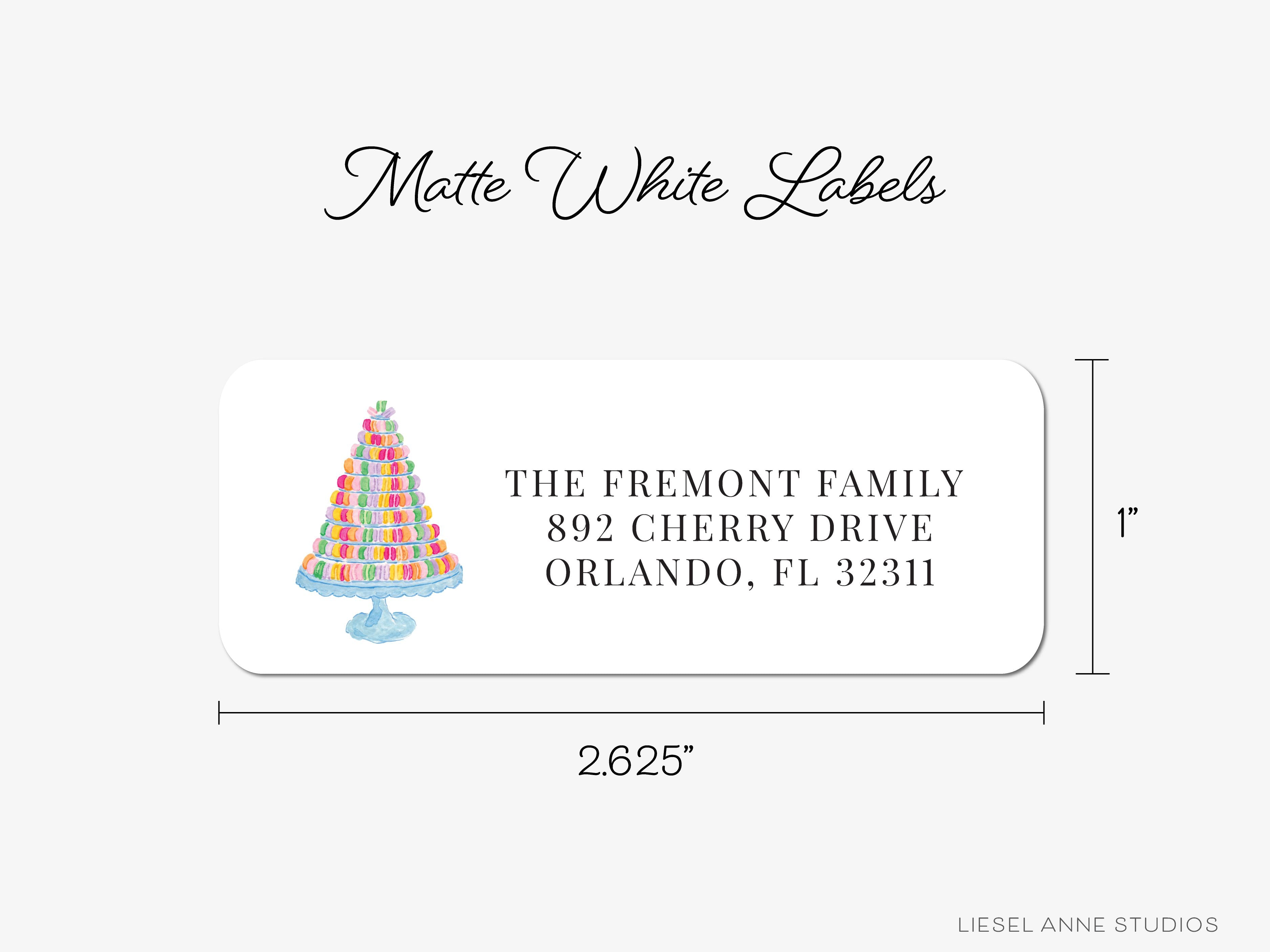 Macaron Tower Return Address Labels-These personalized return address labels are 2.625" x 1" and feature our hand-painted watercolor macarons, printed in the USA on beautiful matte finish labels. These make great gifts for yourself or the French pastry lover.-The Singing Little Bird