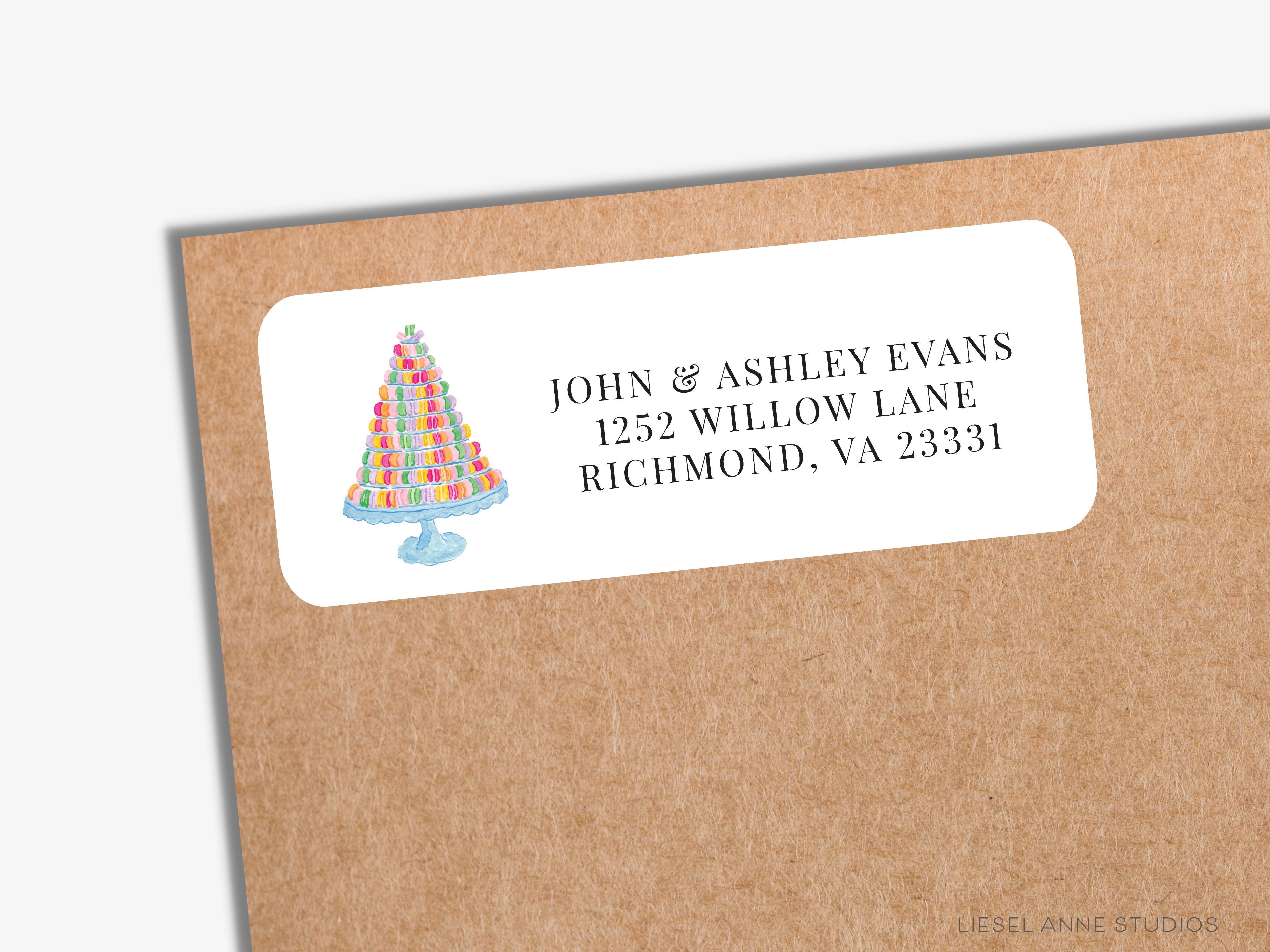Macaron Tower Return Address Labels-These personalized return address labels are 2.625" x 1" and feature our hand-painted watercolor macarons, printed in the USA on beautiful matte finish labels. These make great gifts for yourself or the French pastry lover.-The Singing Little Bird