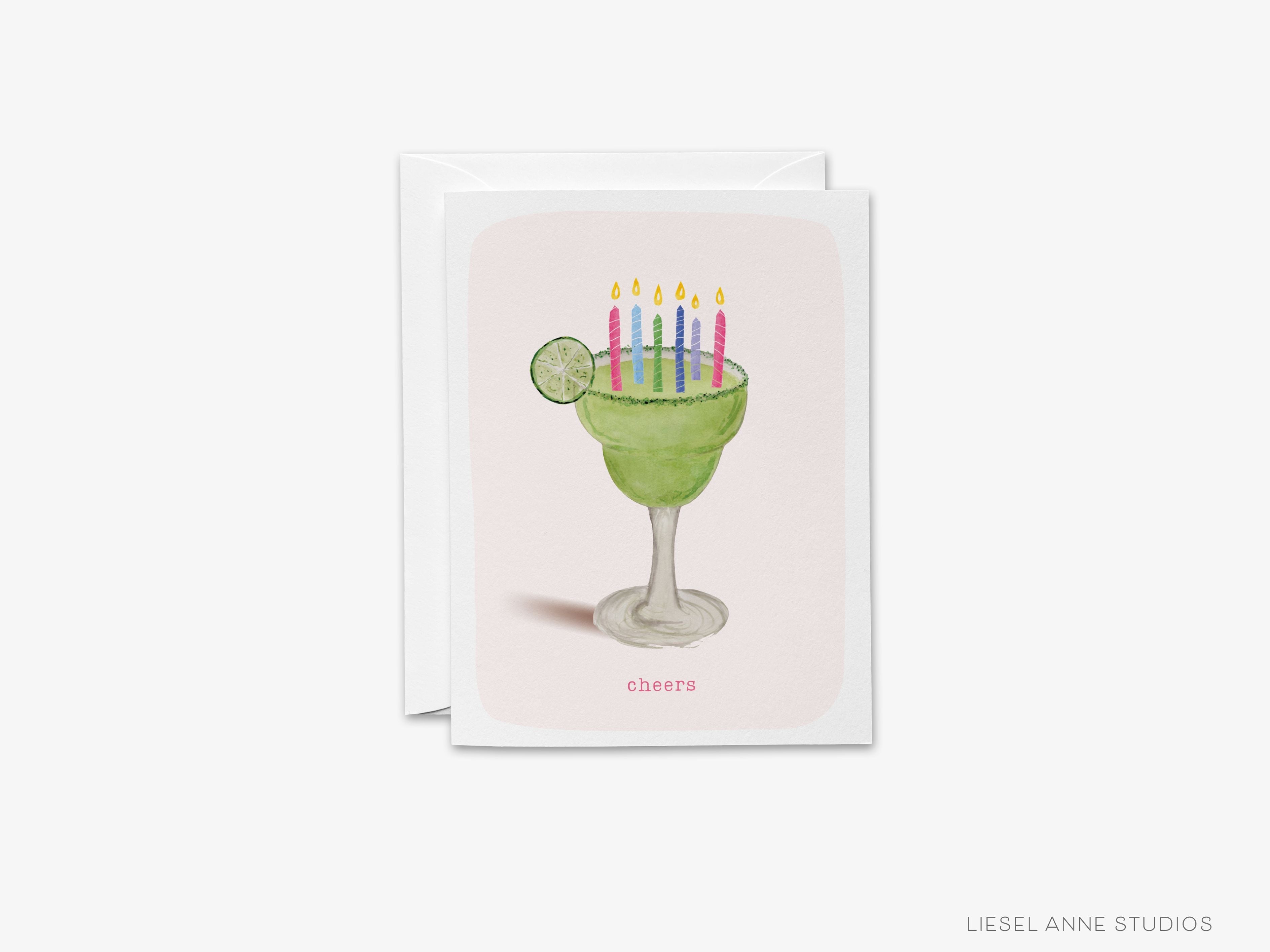 Margarita Cheers Greeting Card-These folded cheers cards are 4.25x5.5 and feature our hand-painted watercolor margarita glass, printed in the USA on 100lb textured stock. They come with a white envelope and make a thoughtful birthday card for a family member or friend.-The Singing Little Bird