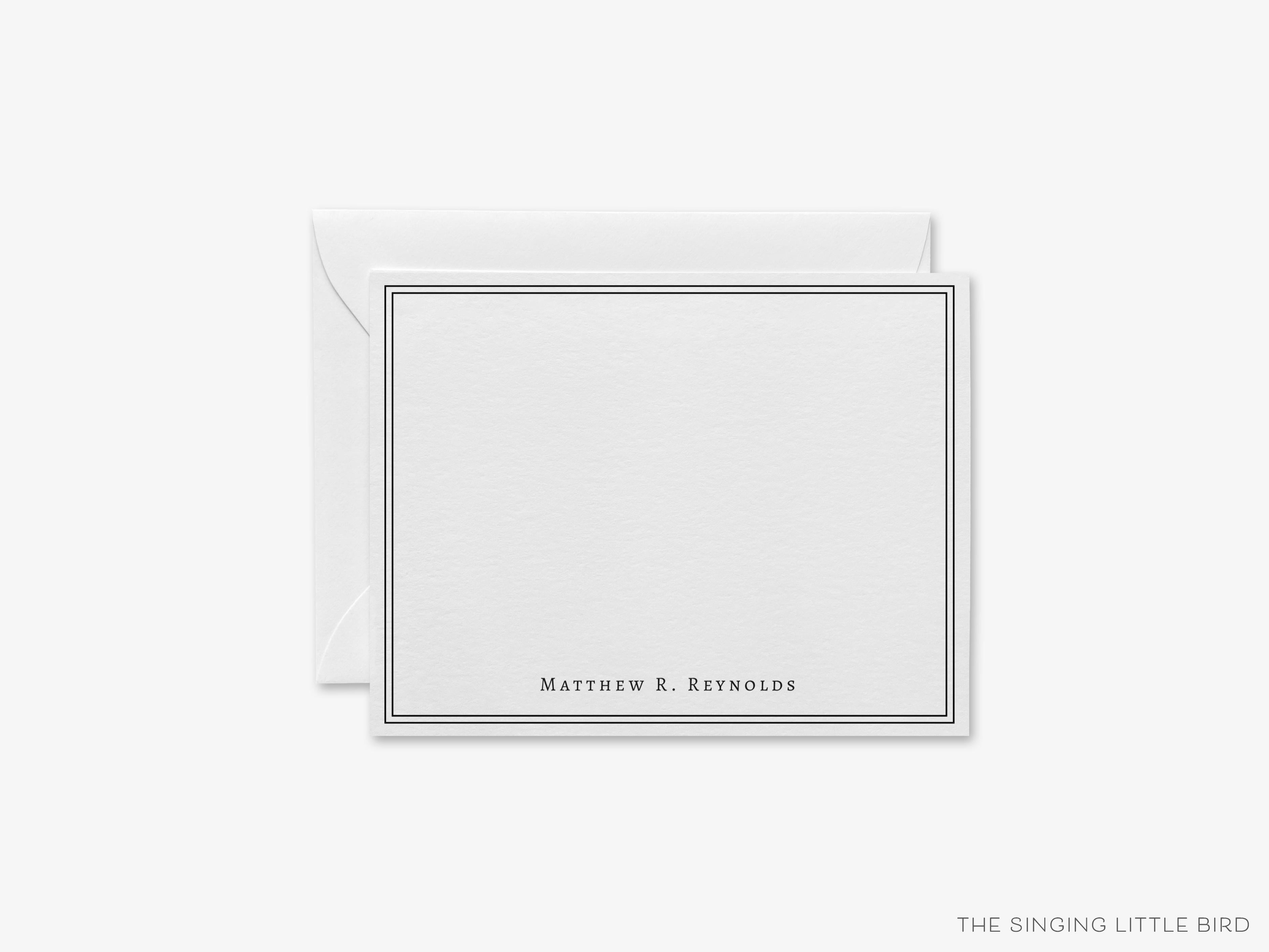 Men's Personalized Flat Notes-These personalized flat notecards are 4.25x5.5 and feature simple text and border, printed in the USA on 120lb textured stock. They come with your choice of envelopes and make great thank yous and gifts for the modern lover in your life.-The Singing Little Bird