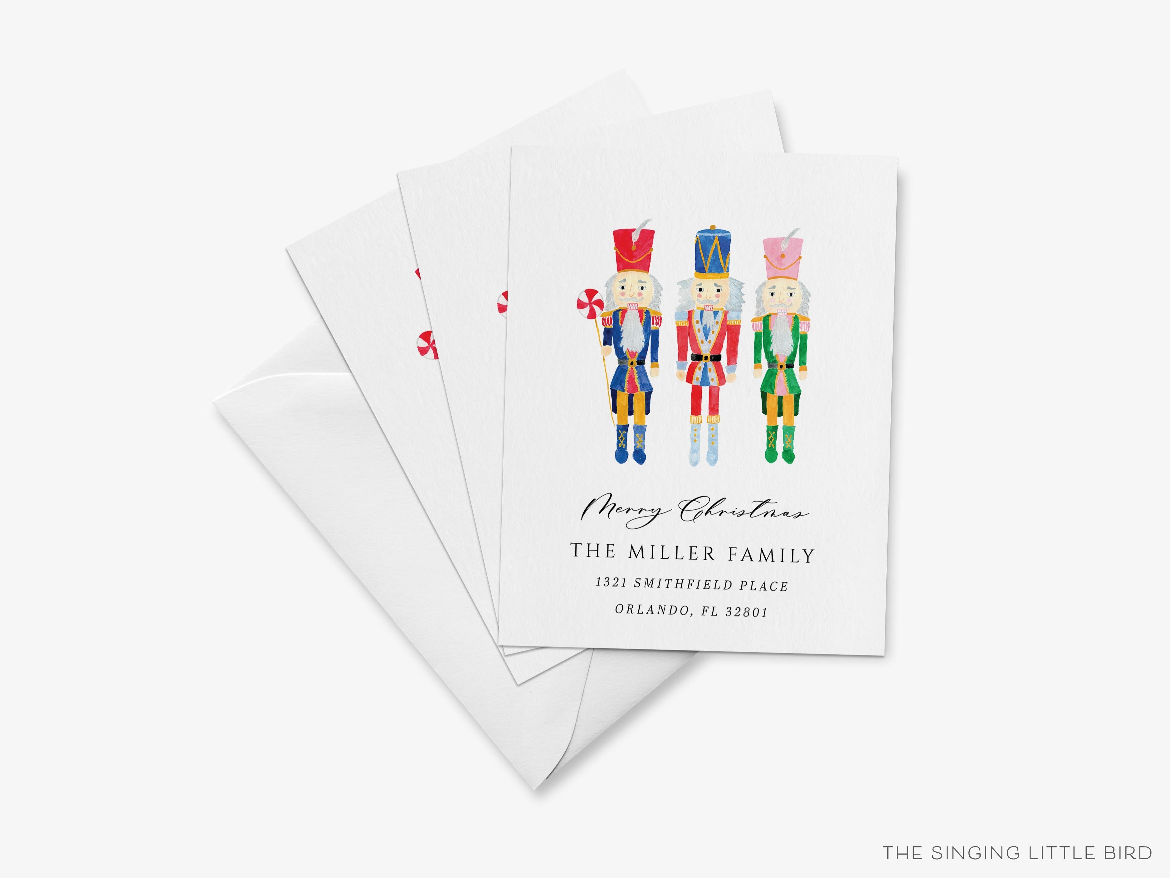 Nutcracker Christmas Moving Announcement-These personalized flat change of address cards are 4.25x5.5 and feature our hand-painted watercolor Nutcrackers, printed in the USA on 120lb textured stock. They come with your choice of envelopes and make great moving announcements for the Christmas lover.-The Singing Little Bird
