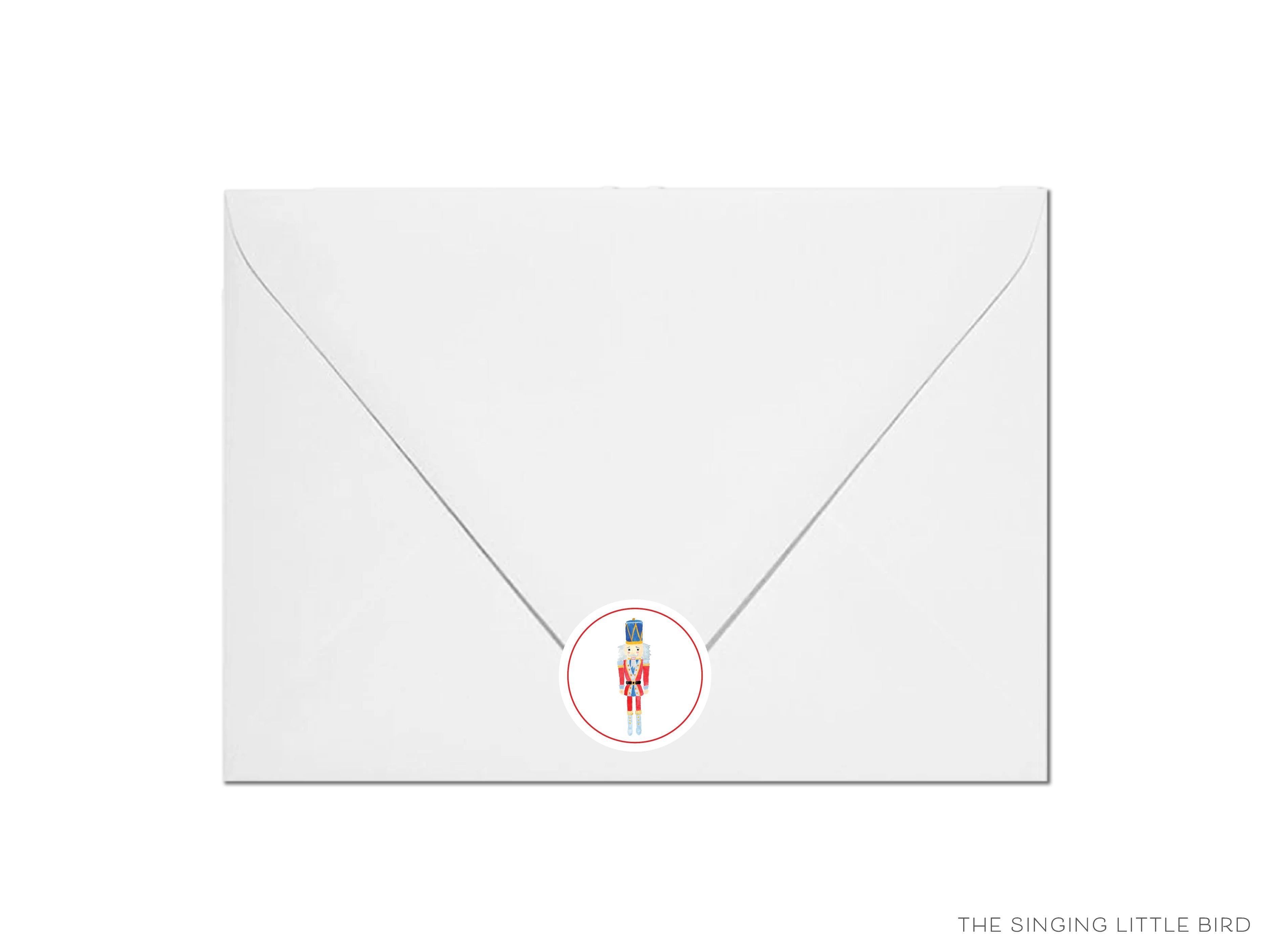 Nutcracker Round Stickers-These matte round stickers feature our hand-painted watercolor Nutcracker, making great envelope seals or gifts for the holiday lover in your life.-The Singing Little Bird